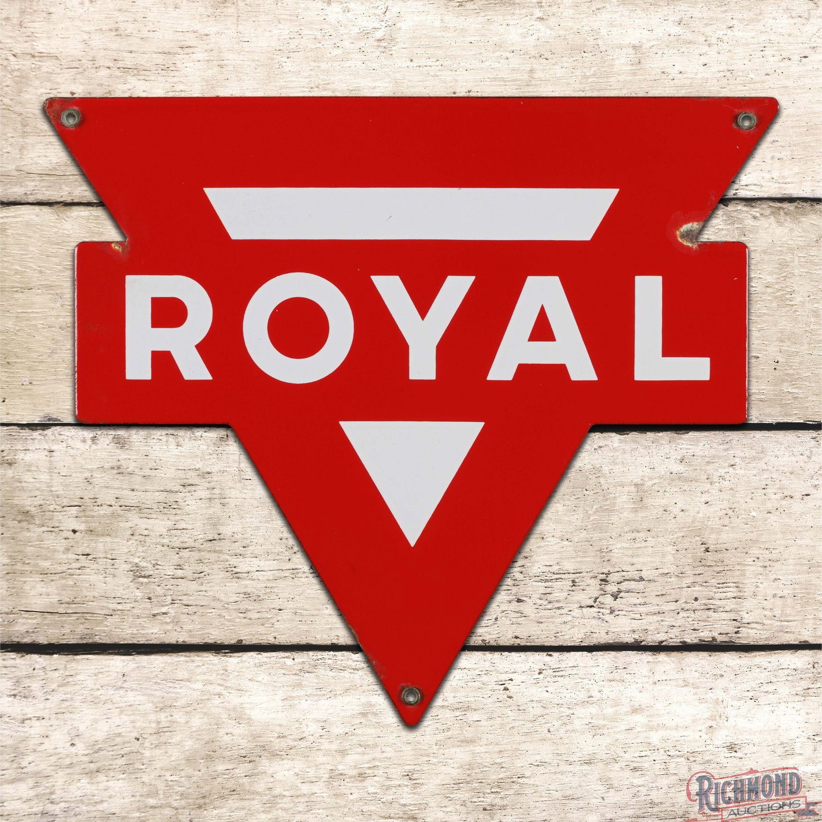 Conoco Royal Gasoline Die Cut Single Sided Porcelain Pump Plate Sign: SSP (single sided porcelain) die cut sign has excellent color and gloss. The field is clean. The perimeter has areas of minor discoloration with chips on the outer left and right edges. All three fact
