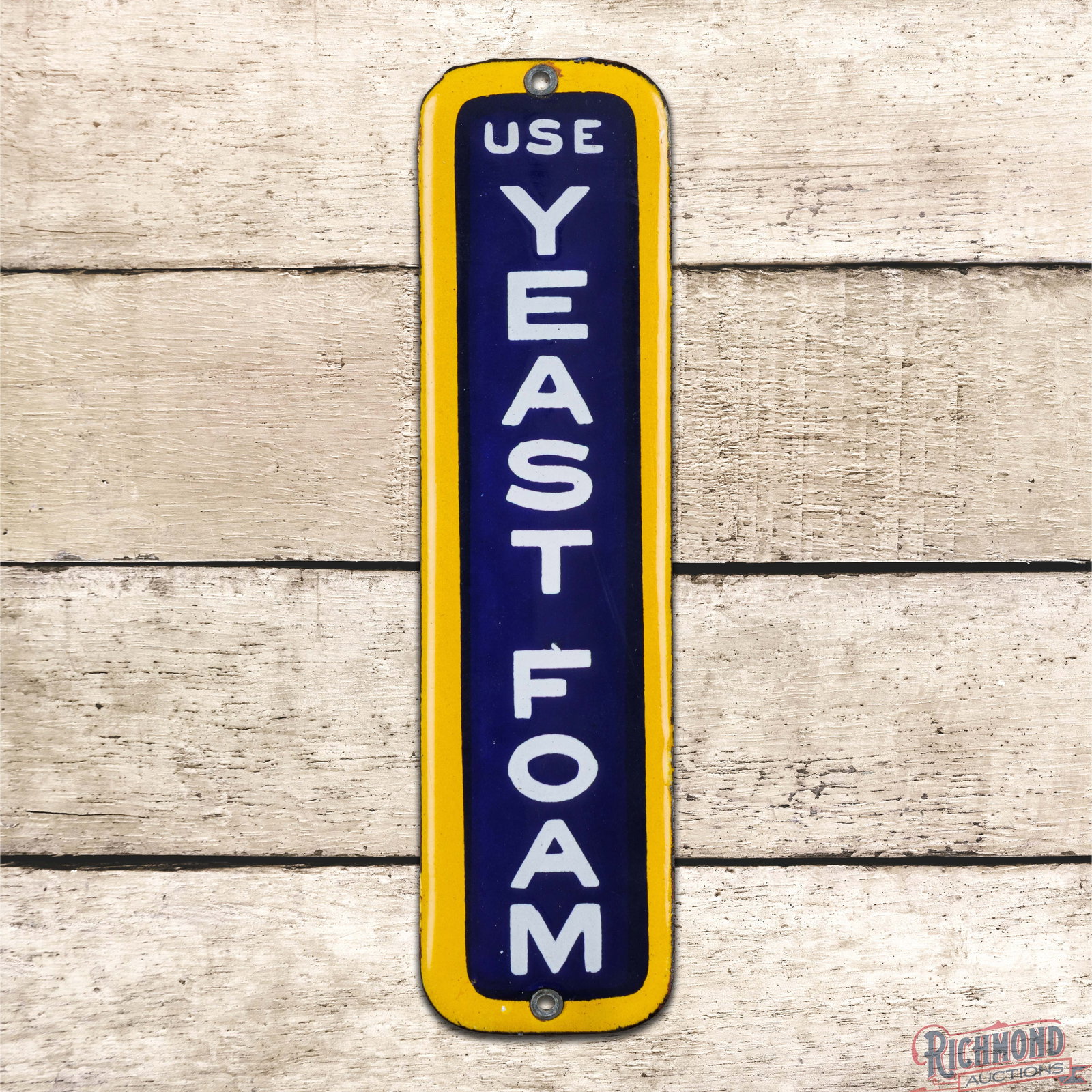 Use Yeast Foam 7" Convex Single Sided Porcelain Sign: SSP (single sided porcelain) sign has excellent color and gloss. The field is clean with minor wear in the right fields. The perimeter is clean and both factory grommets are present. Overall a clean s