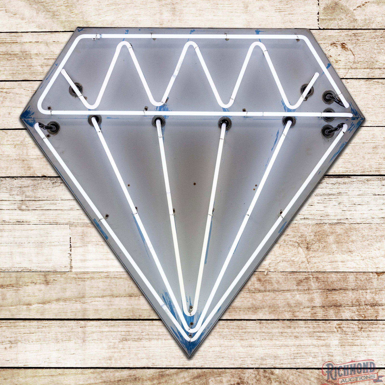 Diamond 4' Die Cut Dbl Sided Factory Neon Sign: DST (double sided tin) factory neon sign with the original metal can and base has good color. Side #1 has light wear throughout with fading to the blue painted accents. The reverse is in a similar con
