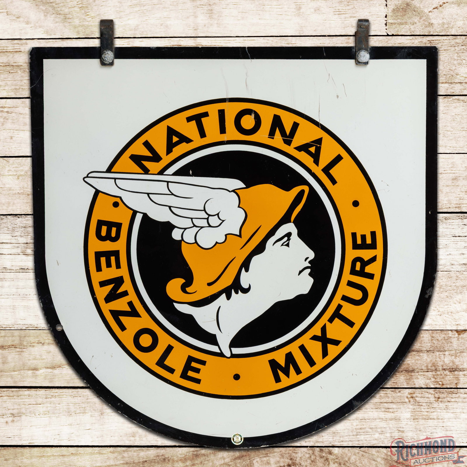 National Benzole Mixture Gasoline Double Sided Tin Sign w/ Mr. Mercury: DST (double sided tin) sign with factory hangers has excellent color and shine. The display has light wear with fine scratches in the fields. The perimeter has paint chips and wear along the outer edg