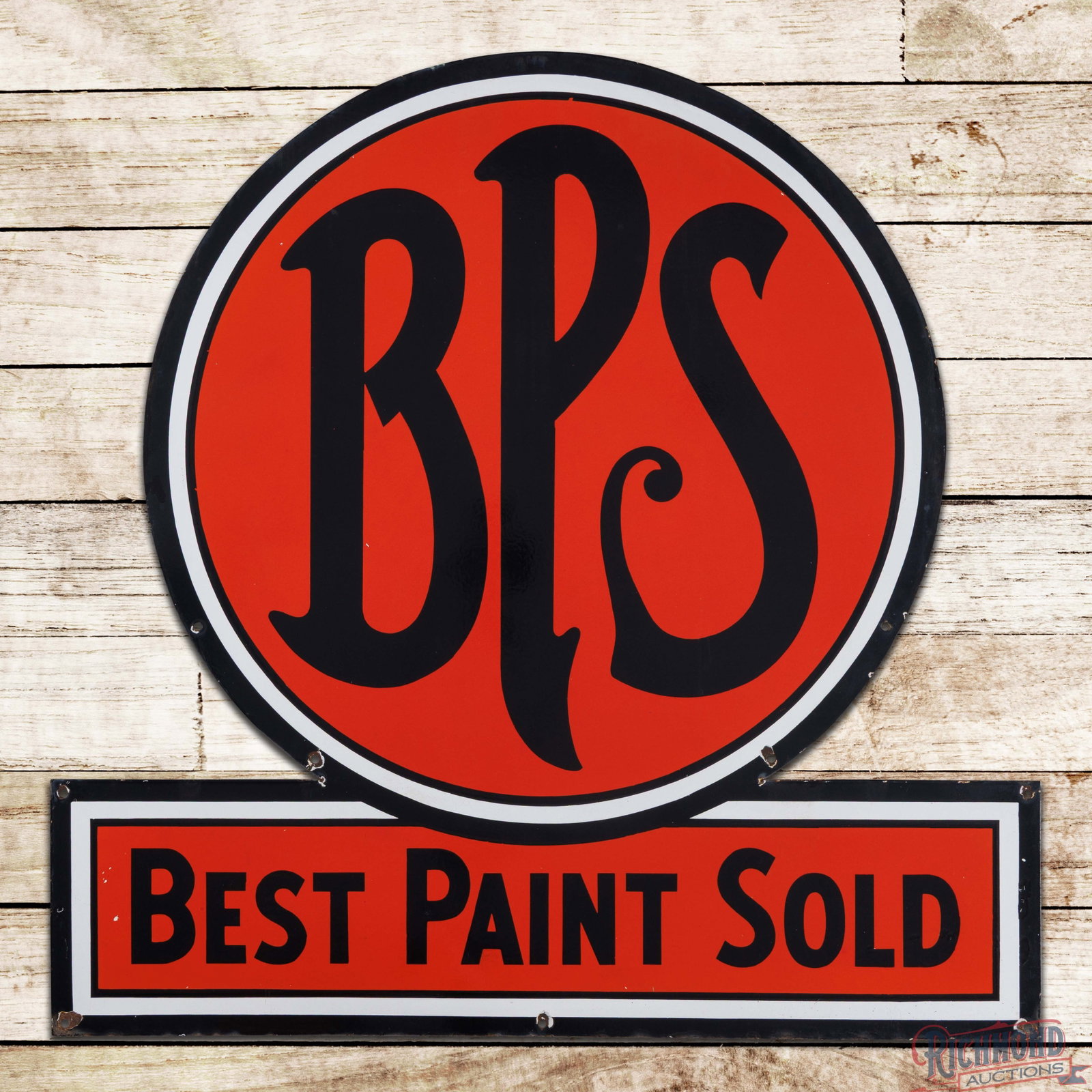 BPS Best Paint Sold 36" Single Sided Porcelain Keyhole Logo Sign: SSP (single sided porcelain) die cut sign has oustanding color and gloss. The field is clean. The perimeter has small chips at the mounting holes and edges. The sign has a great look with brilliant po