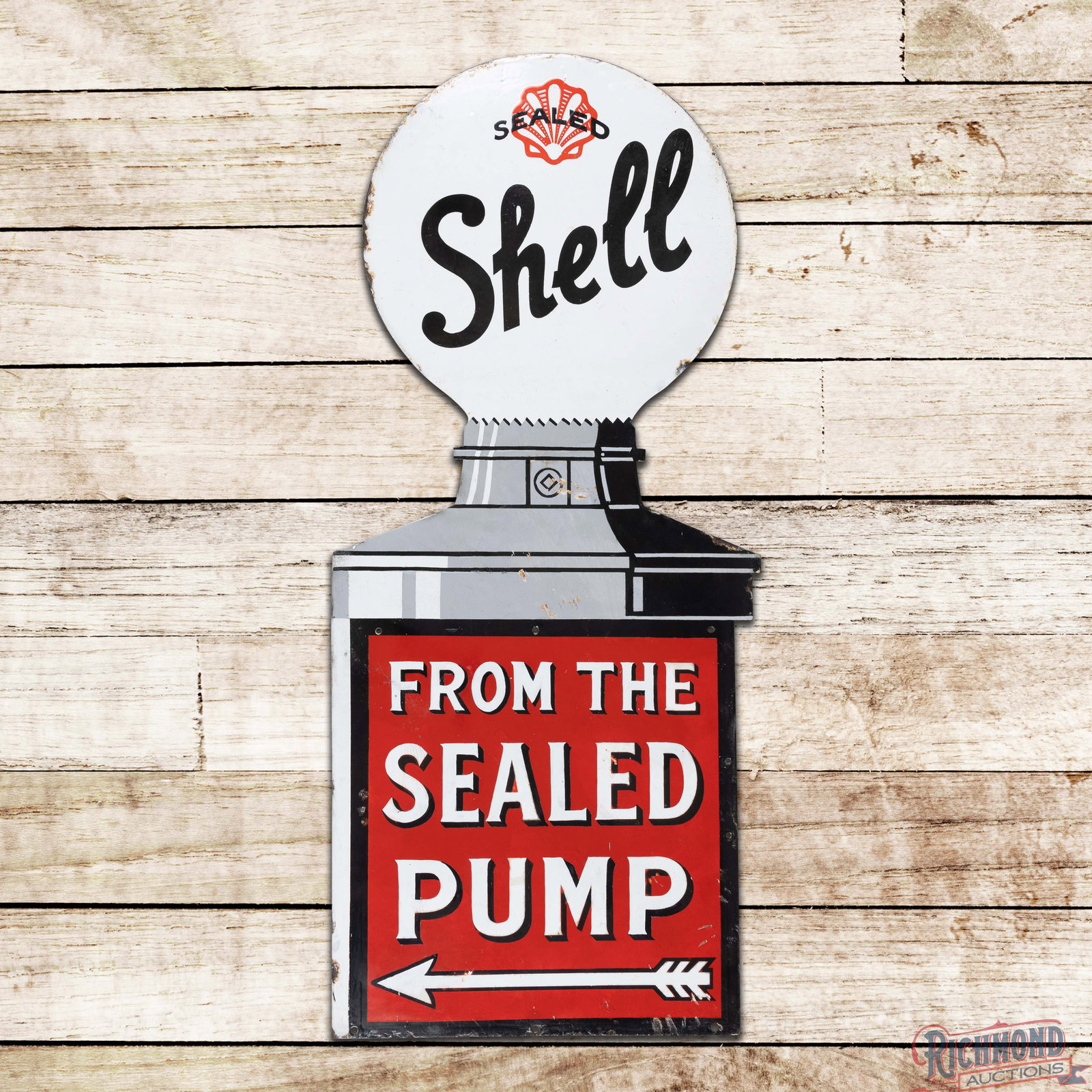 Shell Gasoline From the Sealed Pump Double Sided Porcelain Die Cut Flange Sign w/ Logo & Arrow (1 of 4)