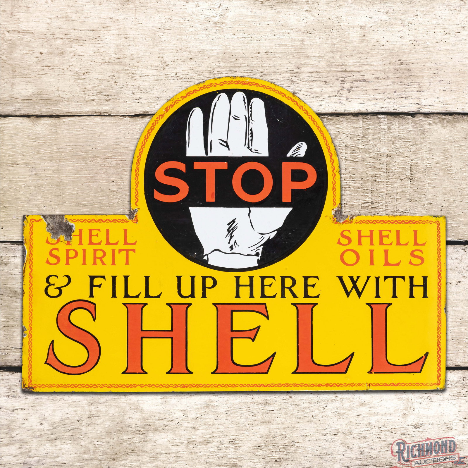 Stop & Fill Up Here with Shell Spirit Oils Double Sided Porcelain Flange Sign w/ Hand: DSP (double sided porcelain) die cut flange has good color and gloss. The display has light surface wear throughout with chips and crazing along the perimeter. The right hand edge has minor color matc