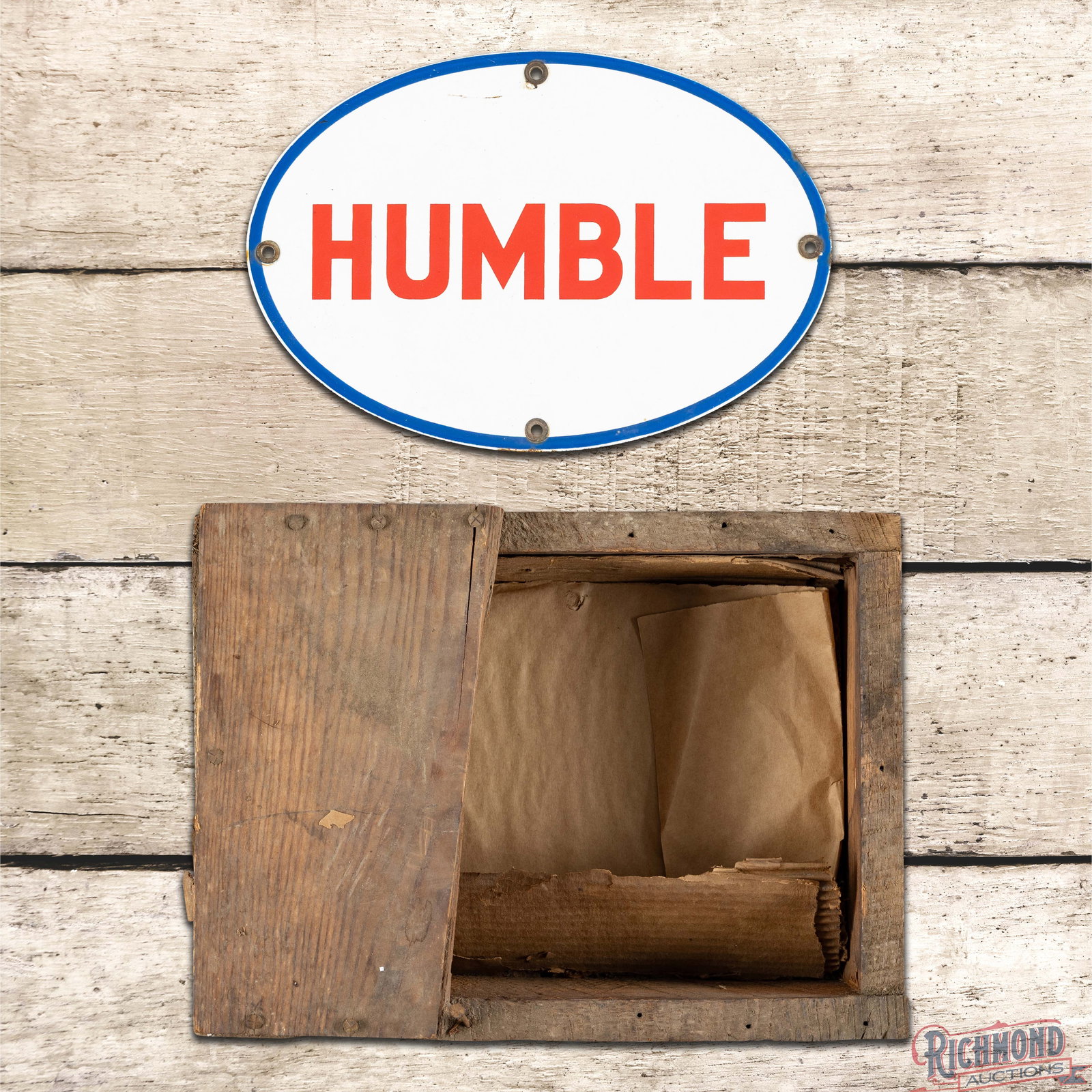 NOS Humble Oils Single Sided Porcelain Logo Sign w/ Wooden Crate (1 of 6)
