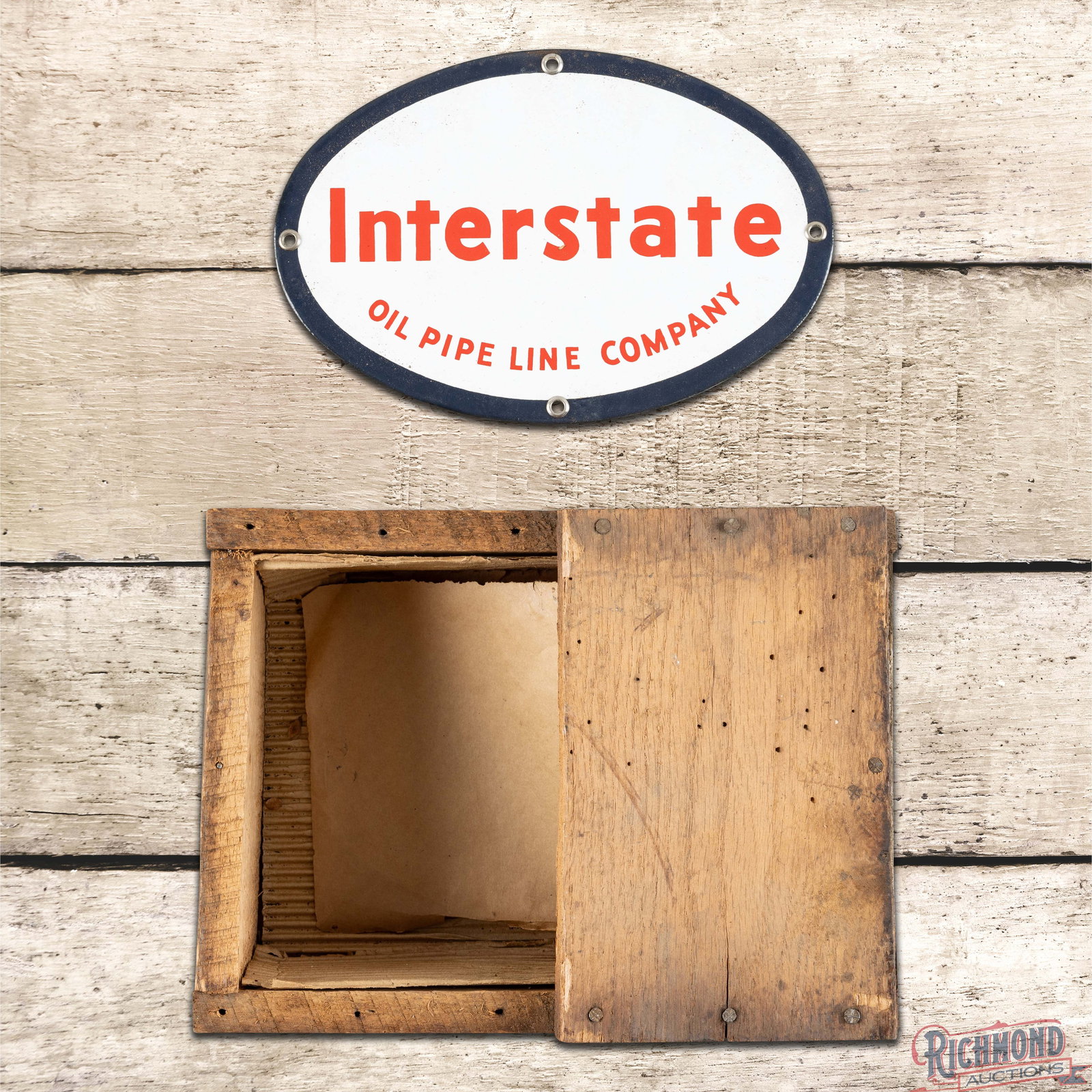 NOS Interstate Oil Pipe Line Company Single Sided Porcelain Sign w/ Wooden Crate: NOS (new old stock) SSP (single sided porcelain) sign with the factory wooden crate has day one color and gloss. The sign has a clean field and perimeter and all four factory grommets are present. Ove