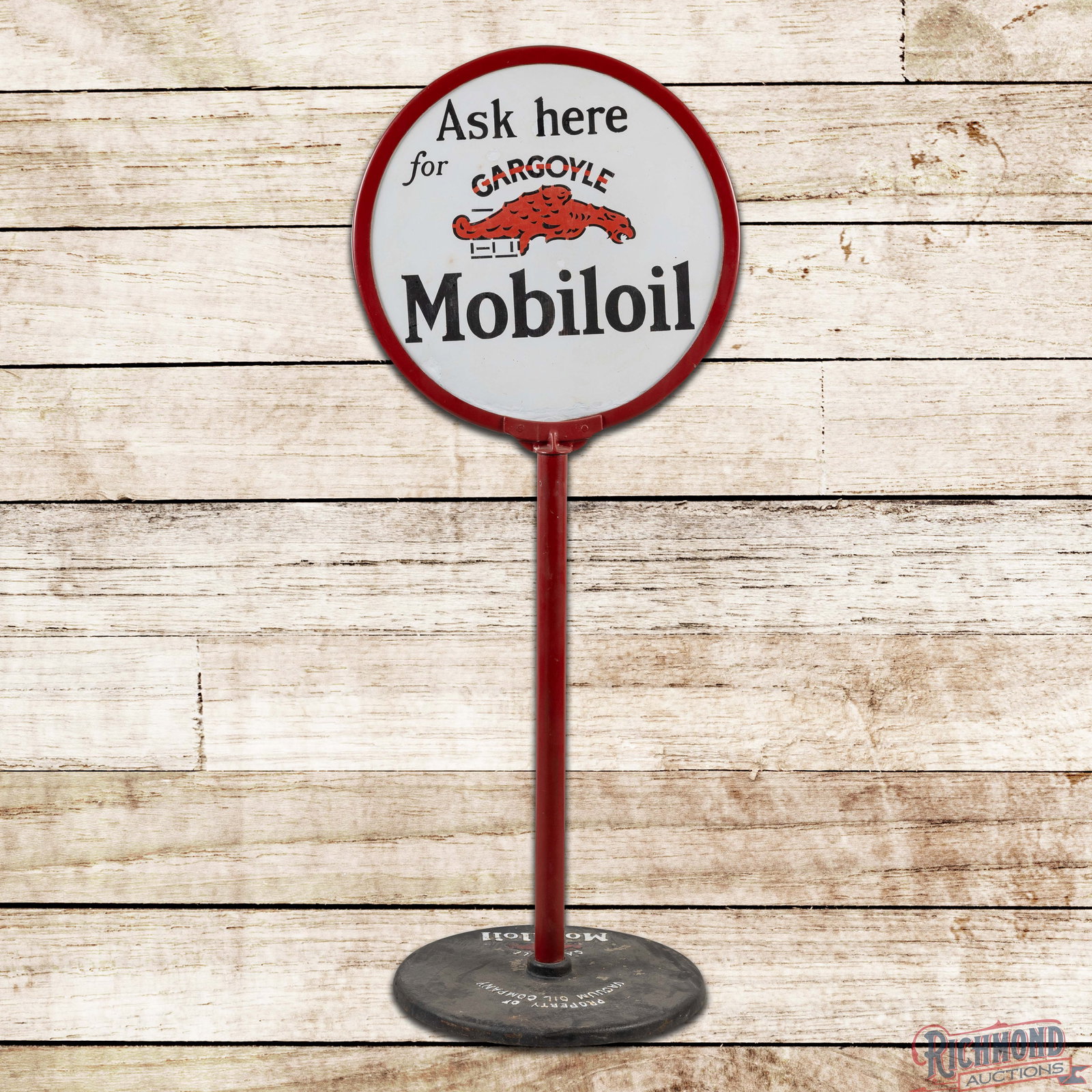 Ask Here for Gargoyle Mobiloil Double Sided Porcelain Curb Sign (1 of 3)