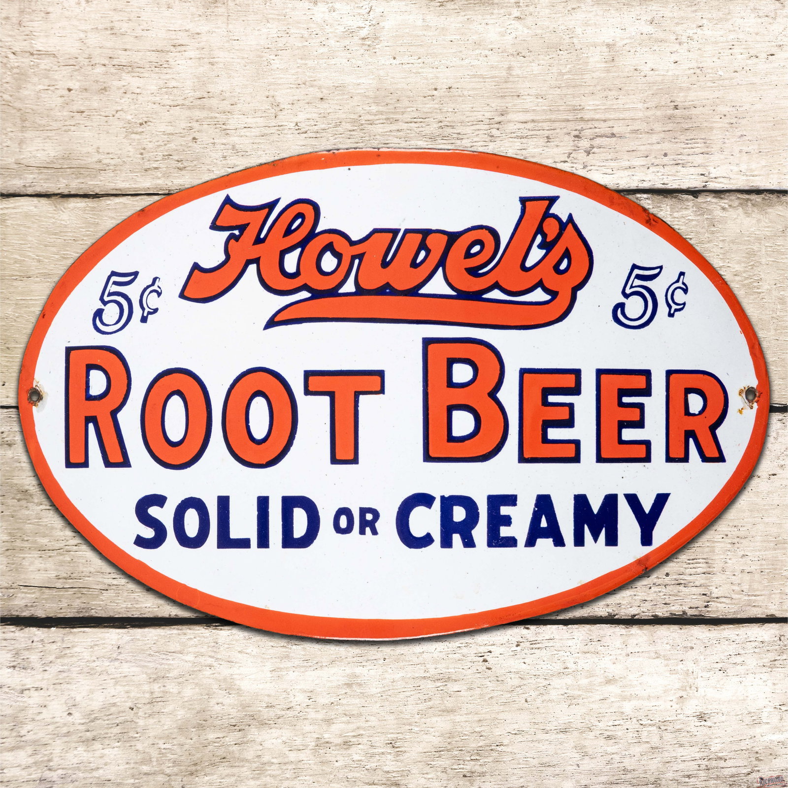 Howel's 5 Cent Root Beer "Solid or Creamy" Curved Single Sided Porcelain Barrel Sign (1 of 3)