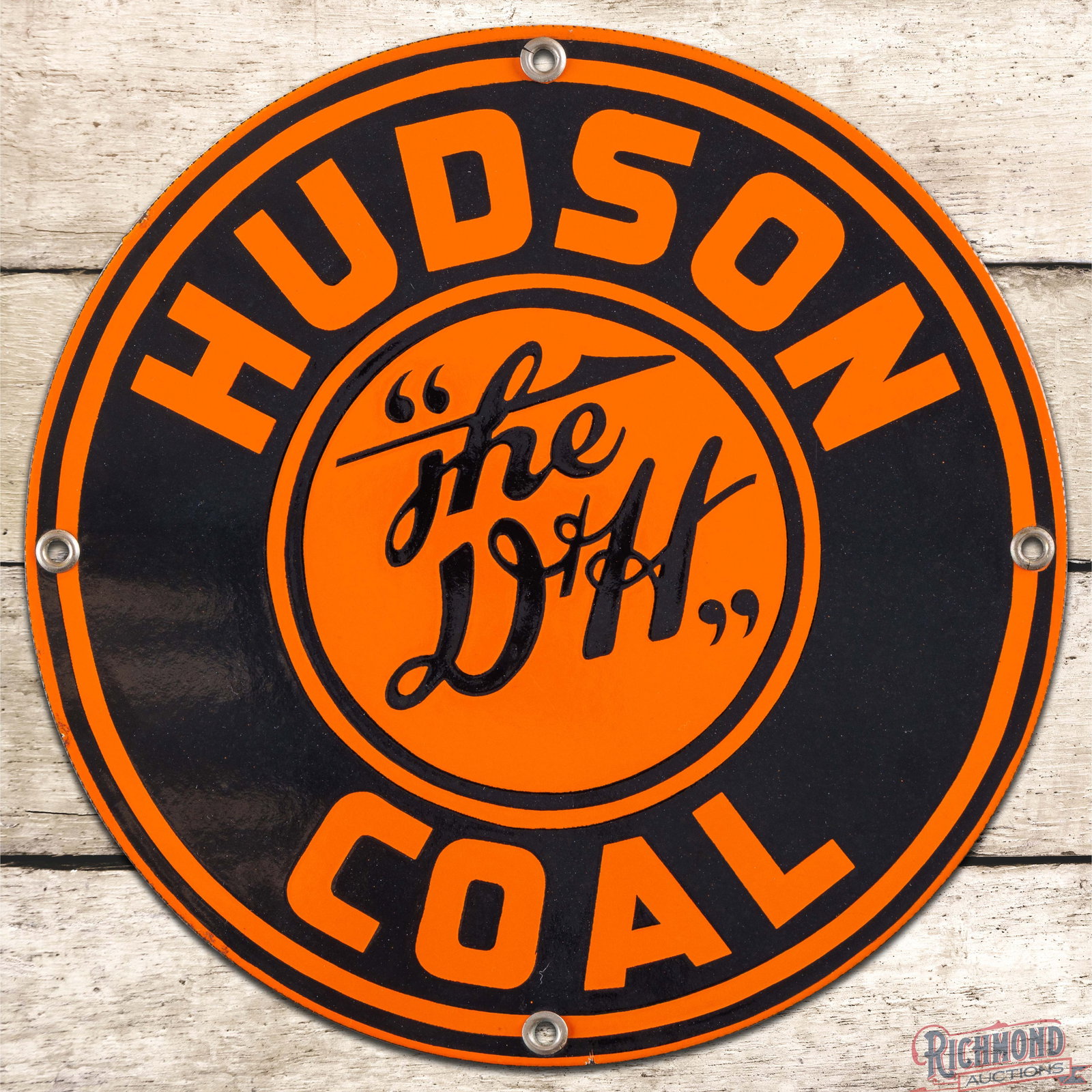 Hudson The D&H Coal 12" Single Sided Porcelain Logo Sign: SSP (single sided porcelain) sign has outstanding color and gloss. The field is clean with minor surface imperfections. The perimeter has two tiny flea bites along the outer edges and all four factory