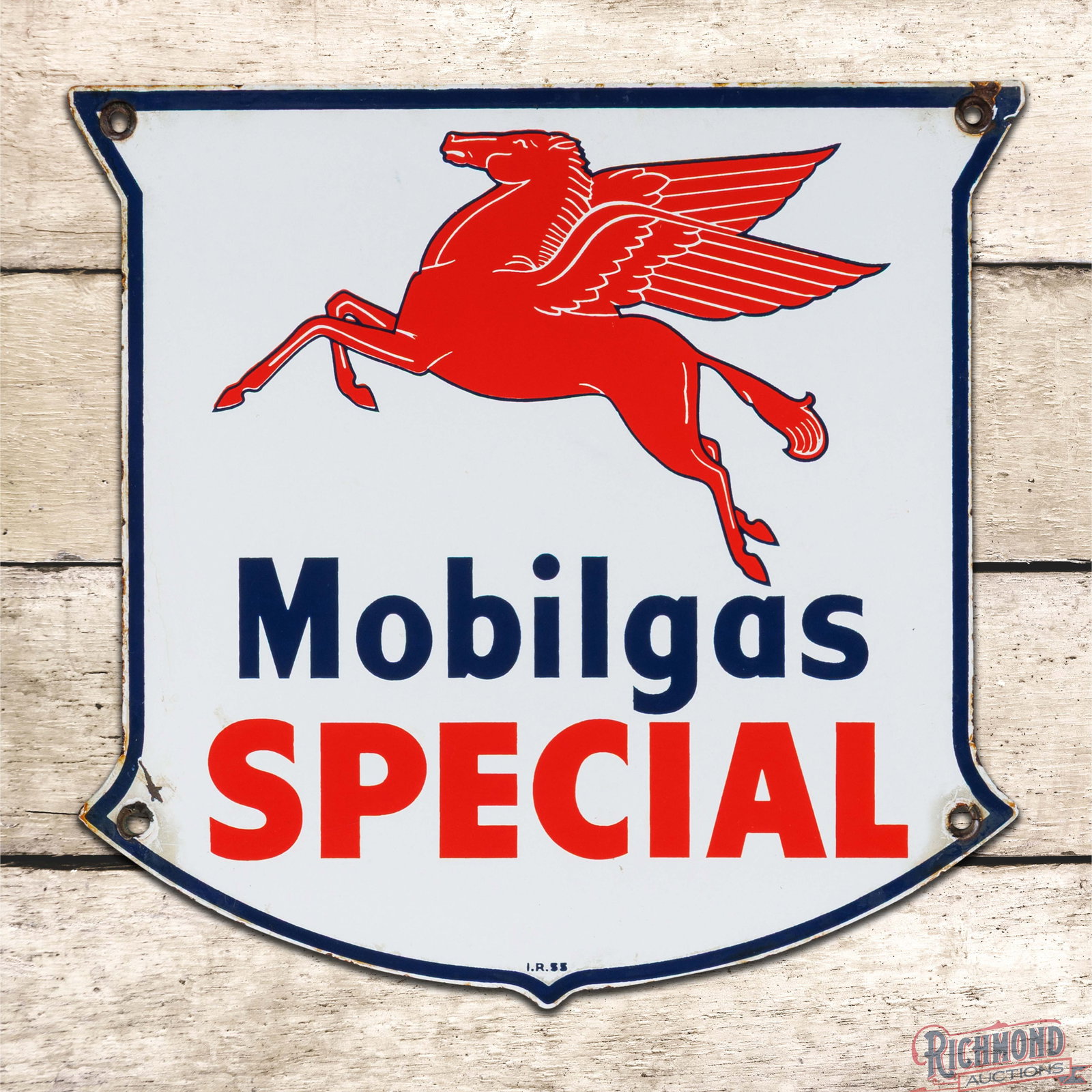 1955 Mobilgas Special Single Sided Porcelain Pump Plate Sign w/ Pegasus: SSP (single sided porcelain) pump plate has excellent color and gloss. The field is clean. The perimeter has chips with areas of discoloration and wear along the outer edges. Marked I.R. 55. 12" H x 1