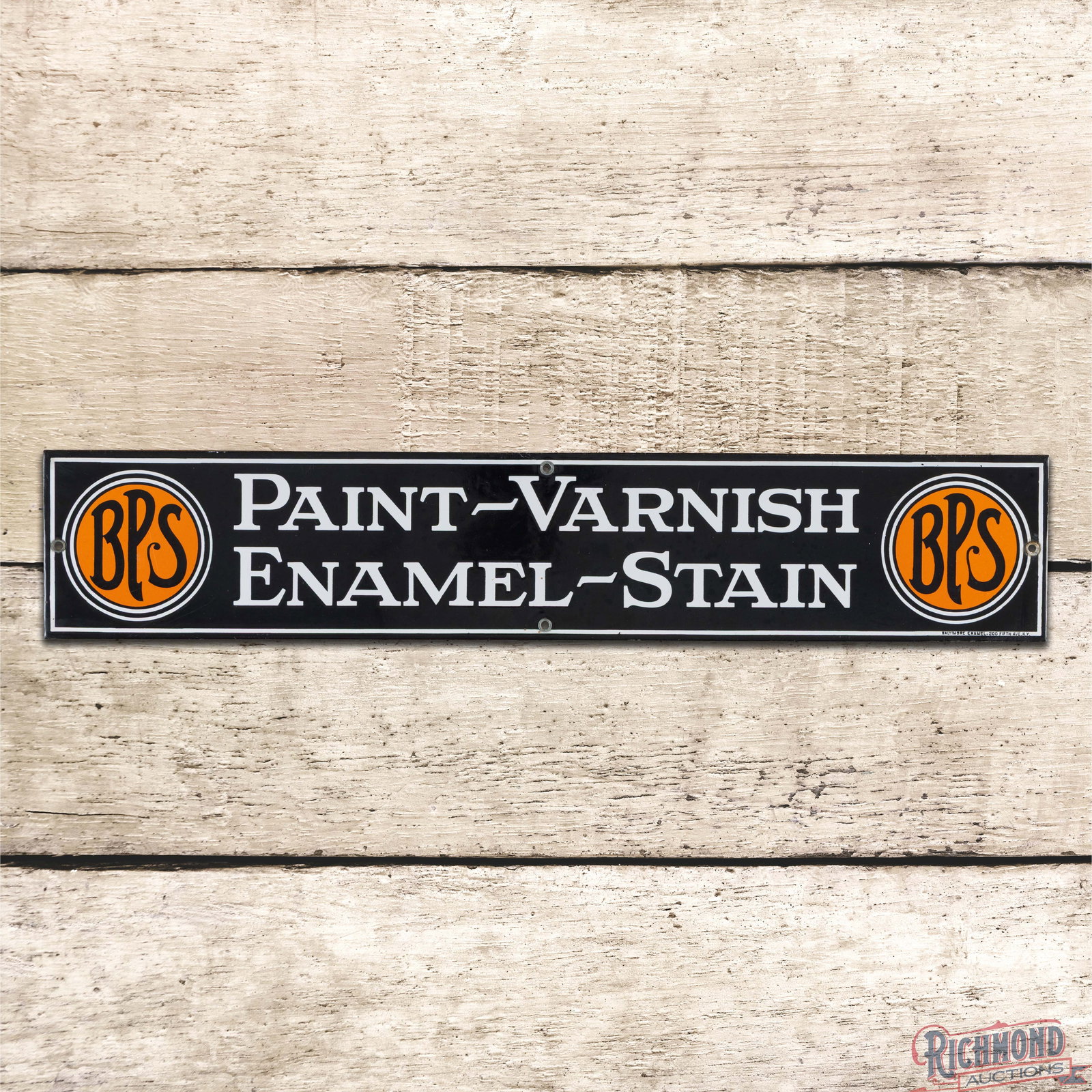 BPS Paint Varnish Enamel Stain 24" Single Sided Porcelain Sign: SSP (single sided porcelain) sign has excellent color and gloss. The fields are exceptionally clean with areas of light wear. The perimeter is clean and all four factory grommets are present. Marked B