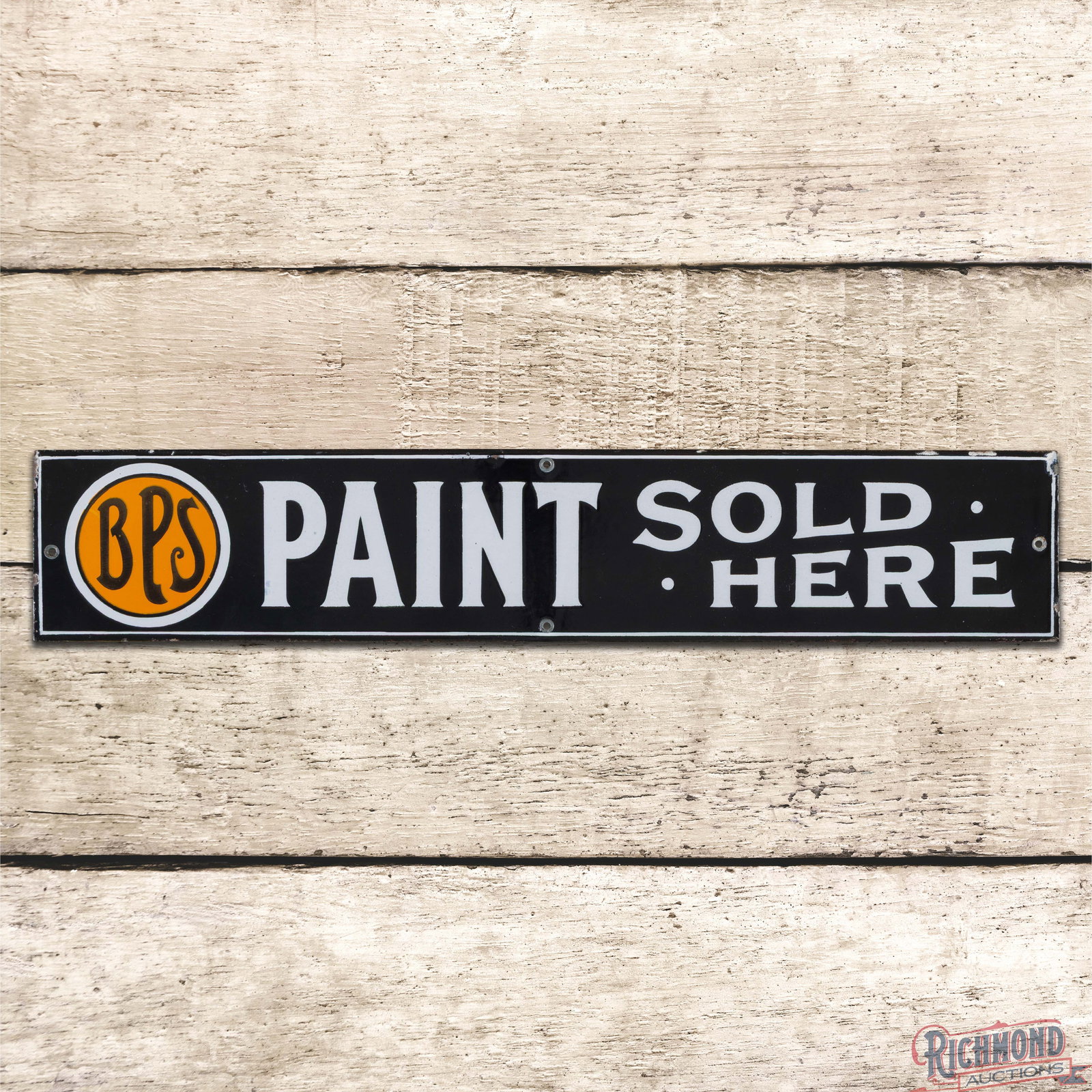 BPS Paints Sold Here 24" Single Sided Porcelain Sign w/ Logo: SSP (single sided porcelain) sign has excellent color and gloss. The fields are clean. The perimeter has small factory imperfections and small edge chips. All four factory grommets are present. Overal
