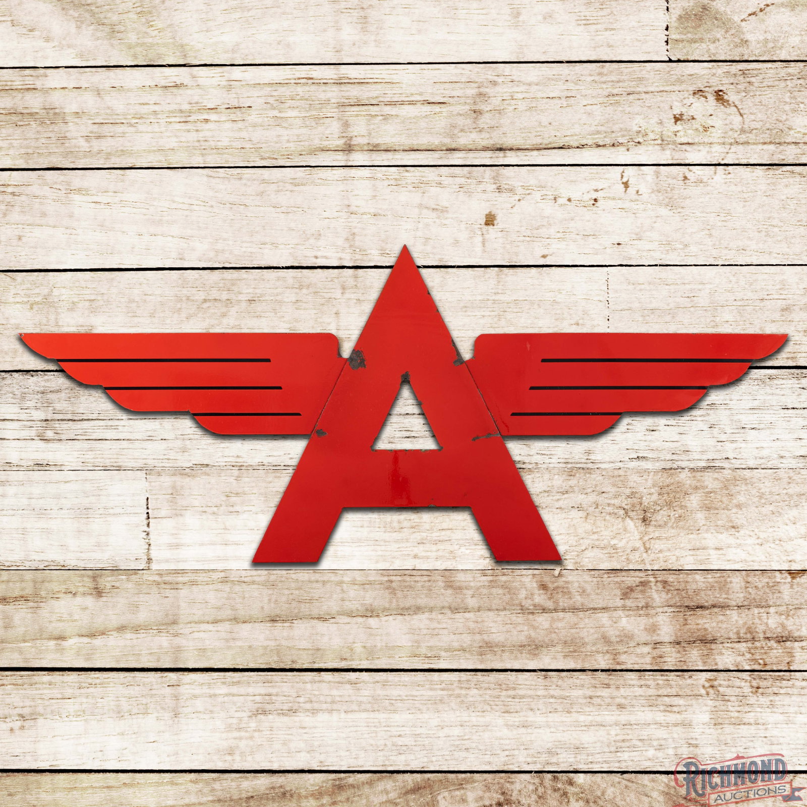 Flying A Gasoline Die Cut Single Sided Porcelain Logo Sign w/ Wings: SSP (single sided porcelain) die cut sign has excellent color and gloss. The display has chips with tiny cloudy spots in the fields. The reverse retains four factory mounting tabs. The sign displays v