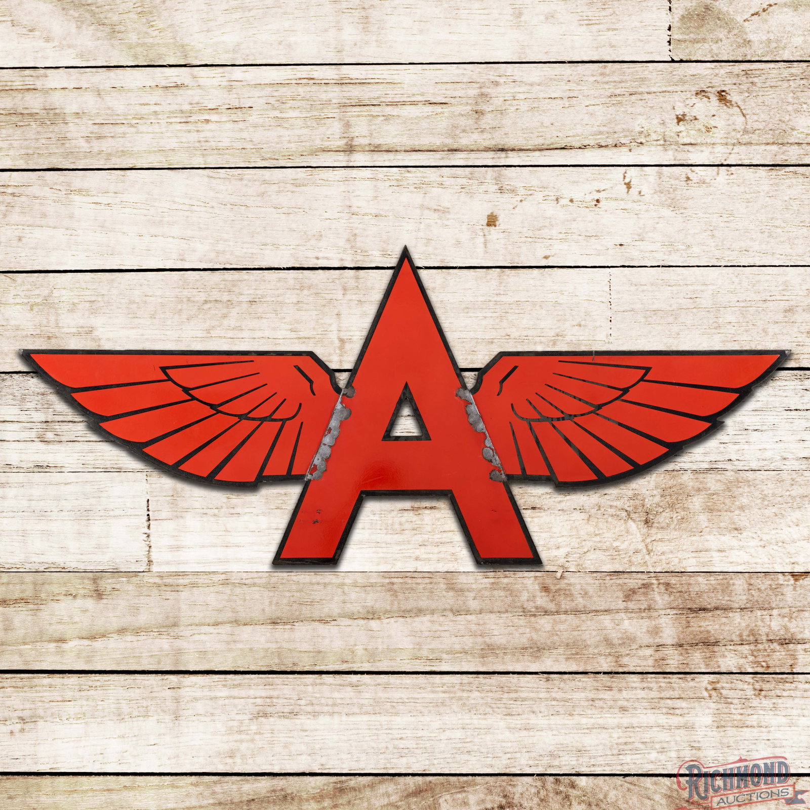 Flying A Gasoline 66" Die Cut Single Sided Porcelain Logo Sign w/ Wings: SSP (single sided porcelain) die cut sign has very good color and gloss. The field has chips along the edges of the "A" with other small chips in the lower field. The black porcelain enamel is cloudy 