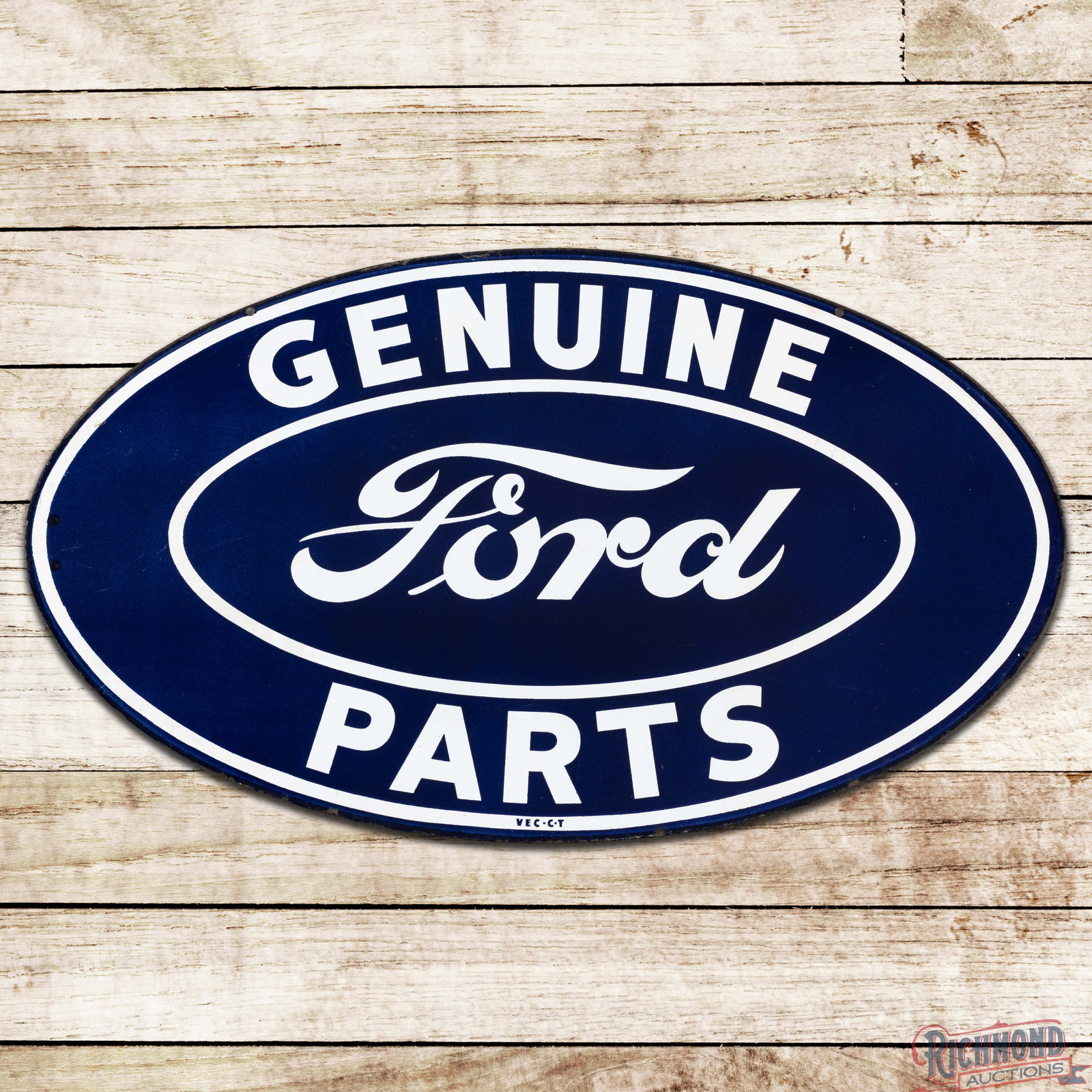 Scarce Ford Genuine Parts 41" Double Sided Porcelain Oval Sign: DSP (double sided porcelain) sign has excellent color and gloss. Side #1 is very clean overall with light surface wear in the fields and fine scratches in the outer fields. The perimeter has small chi