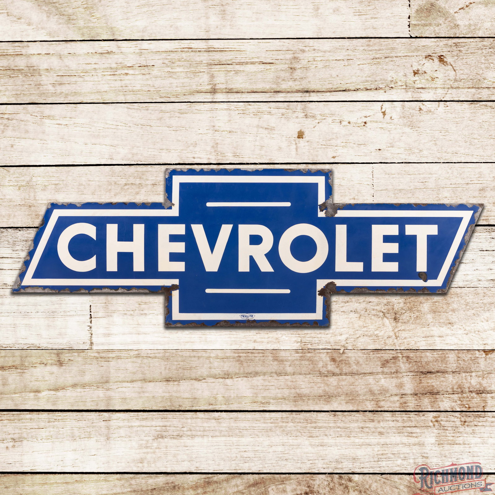 Chevrolet Automobiles Die Cut 6' Single Sided Porcelain Bowtie Sign w/ Can: SSP (single sided porcelain) die cut sign with the original porcelain can has good color and gloss. The fields have light wear with areas of cloudiness and slight discoloration in the white porcelain 