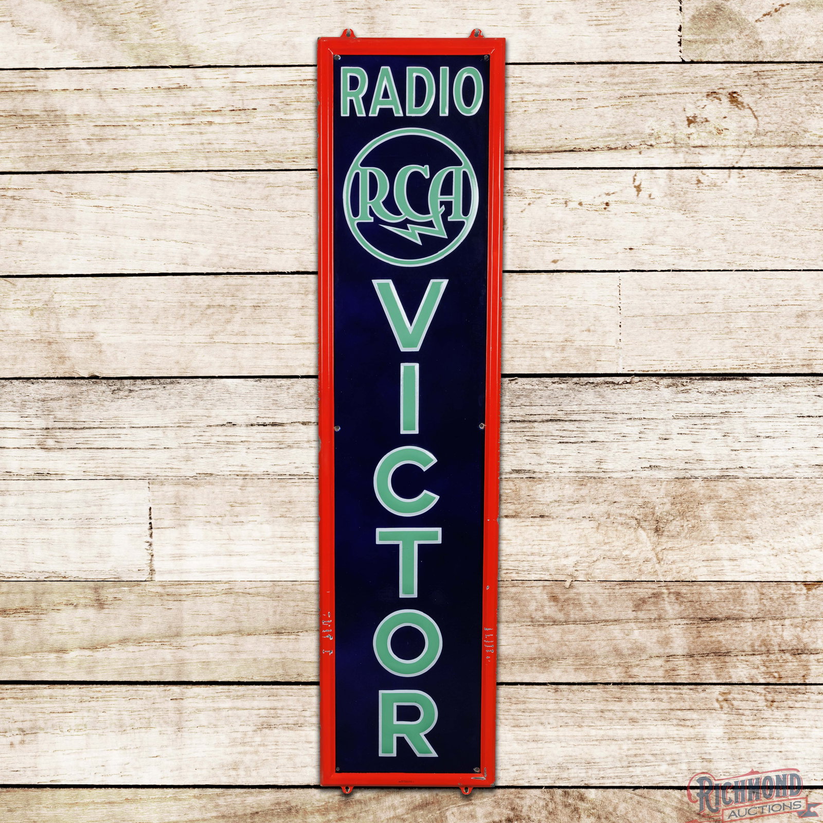 RCA Victor Radio 6' Emb. Single Sided Porcelain Logo Sign: SSP (single sided porcelain) embossed self-framed sign has fantastic color and gloss. The field is very clean overall with minor surface imperfections. The perimeter has small chips at the mounting ho