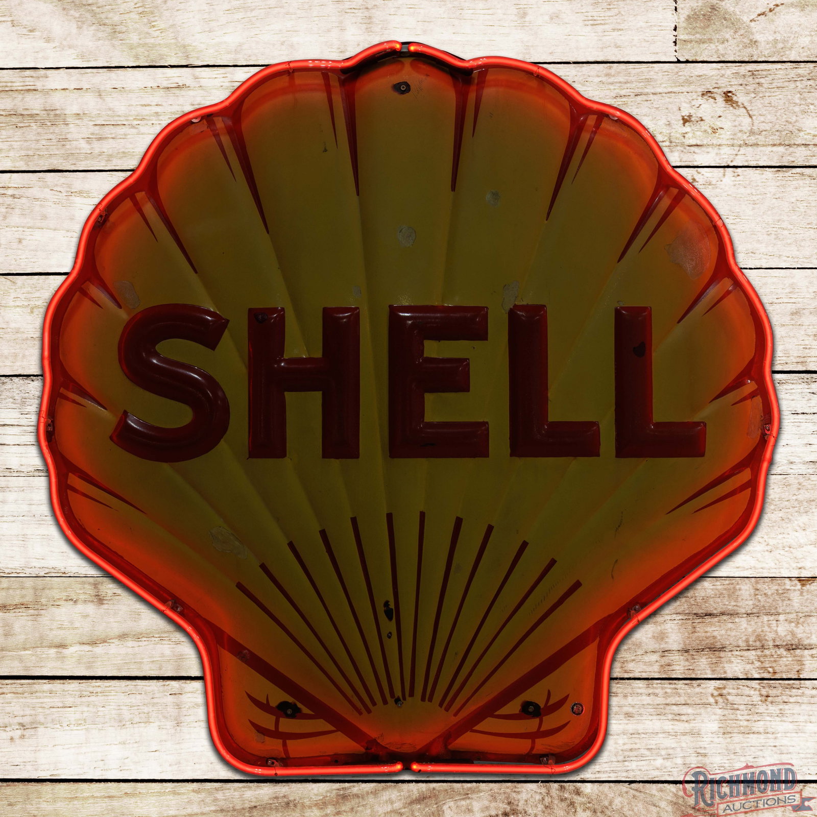 Shell Gasoline 48" Emb. Single Sided Porcelain Die Cut Neon Sign: SSP (single sided porcelain) neon sign has good color and gloss. The display has light wear throughout with color matched chips in the field. The lower fields have added mounting holes and the perimet