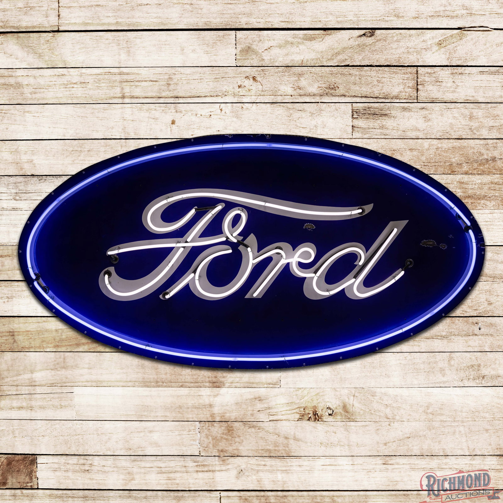 Ford Automobiles 7' Single Sided Porcelain Factory Neon Sign: SSP (single sided porcelain) factory neon sign with a new metal can has good color and gloss. The sign features brilliant two color neon. The sign presents with an added clear coat to enhance the fini