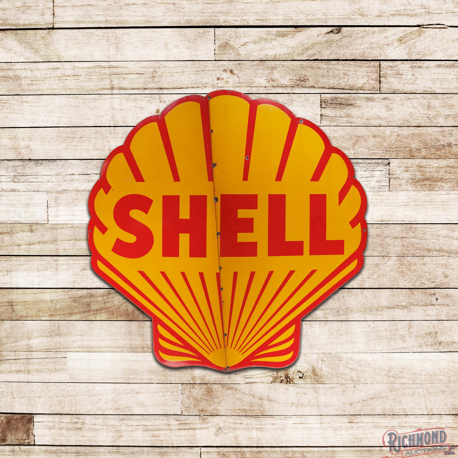 Shell Gasoline Large 2-Piece 8' Single Sided Porcelain ID Logo Sign: Large SSP (single sided porcelain) 2-piece sign has very good color and gloss. The display has chips at the sign seams with additional chips and marks in the fields. The perimeter has small non-factor