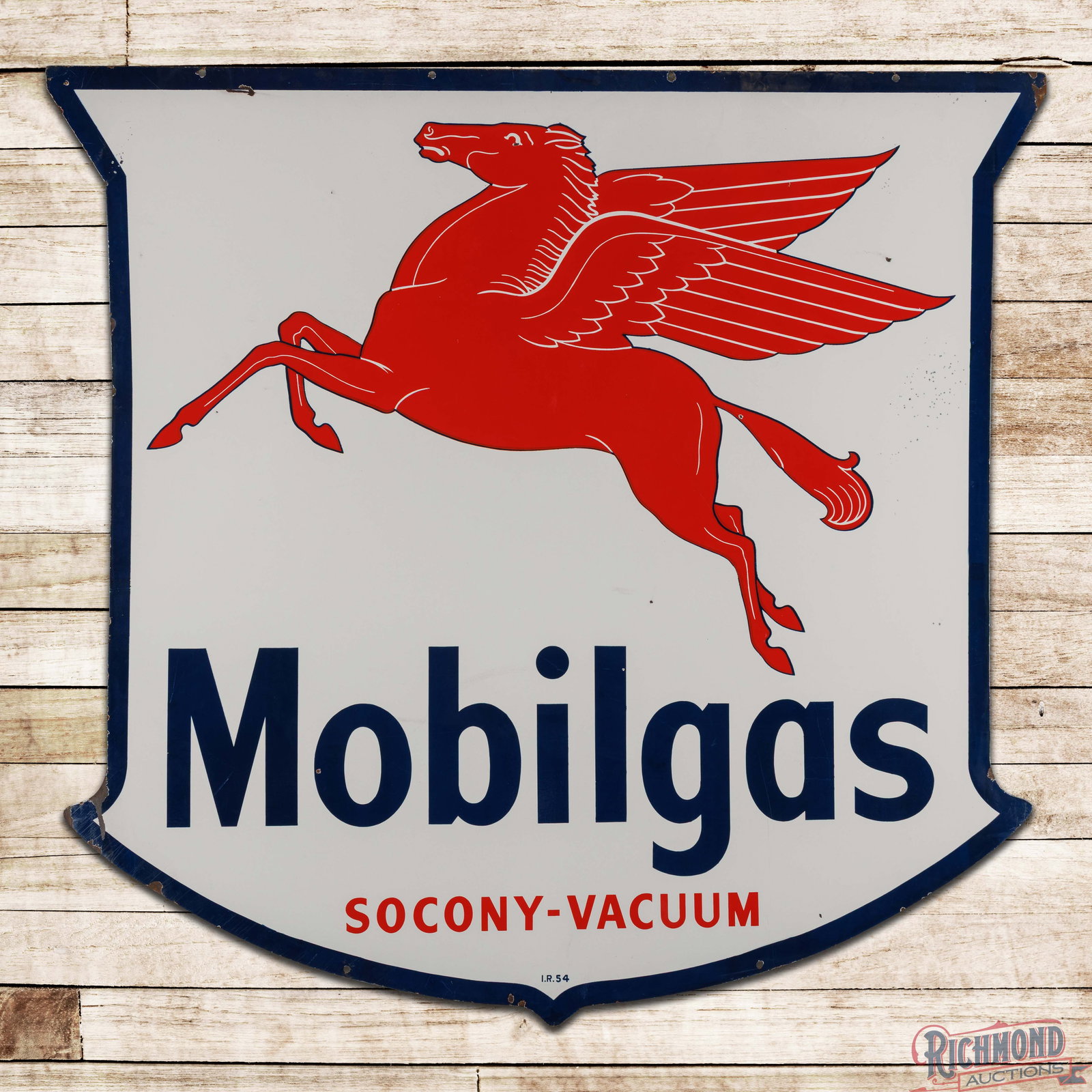 1954 Mobilgas Socony Vacuum 6' Single Sided Porcelain ID Sign w/ Pegasus: DSP (double sided porcelain) die cut sign has excellent color and gloss. The field has light surface wear with small chips and tiny factory blemishes in the right outer fields. The perimeter has a min