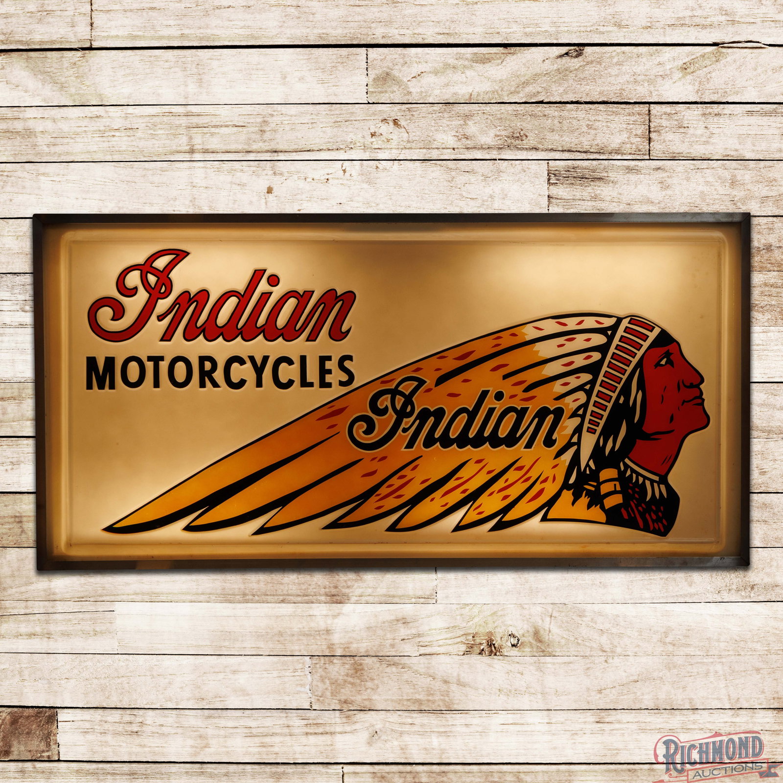 Indian Motorycles 6' Emb. SS Plastic Lighted Sign w/ Native American: Single sided convex embossed internally lighted plastic sign with the original metal can has excellent color. The sign lights properly. The display has slight toning with light wear in the fields. The