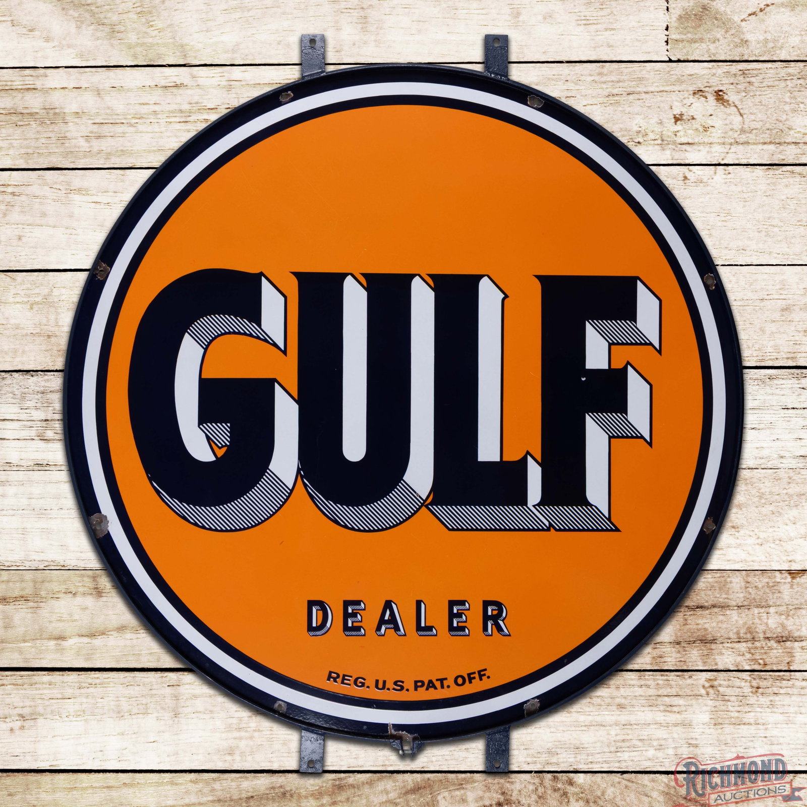 Gulf Gasoline Dealer 66" Double Sided Porcelain ID Sign w/ Orig. Ring: DSP (double sided porcelain) sign with the factory ring has excellent color and gloss. Side #1 is very clean overall, with two small chips in the Gulf lettering and additional chips at the mounting ho