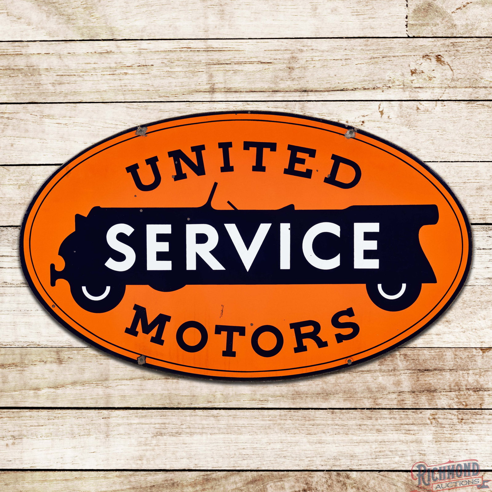 United Motors Service 4' Double Sided Porcelain Sign w/ Early Automobile: DSP (double sided porcelain) sign has excellent color and gloss. The display has light wear with small chips in the field and the perimeter. The reverse is in a similar condition with two additional n