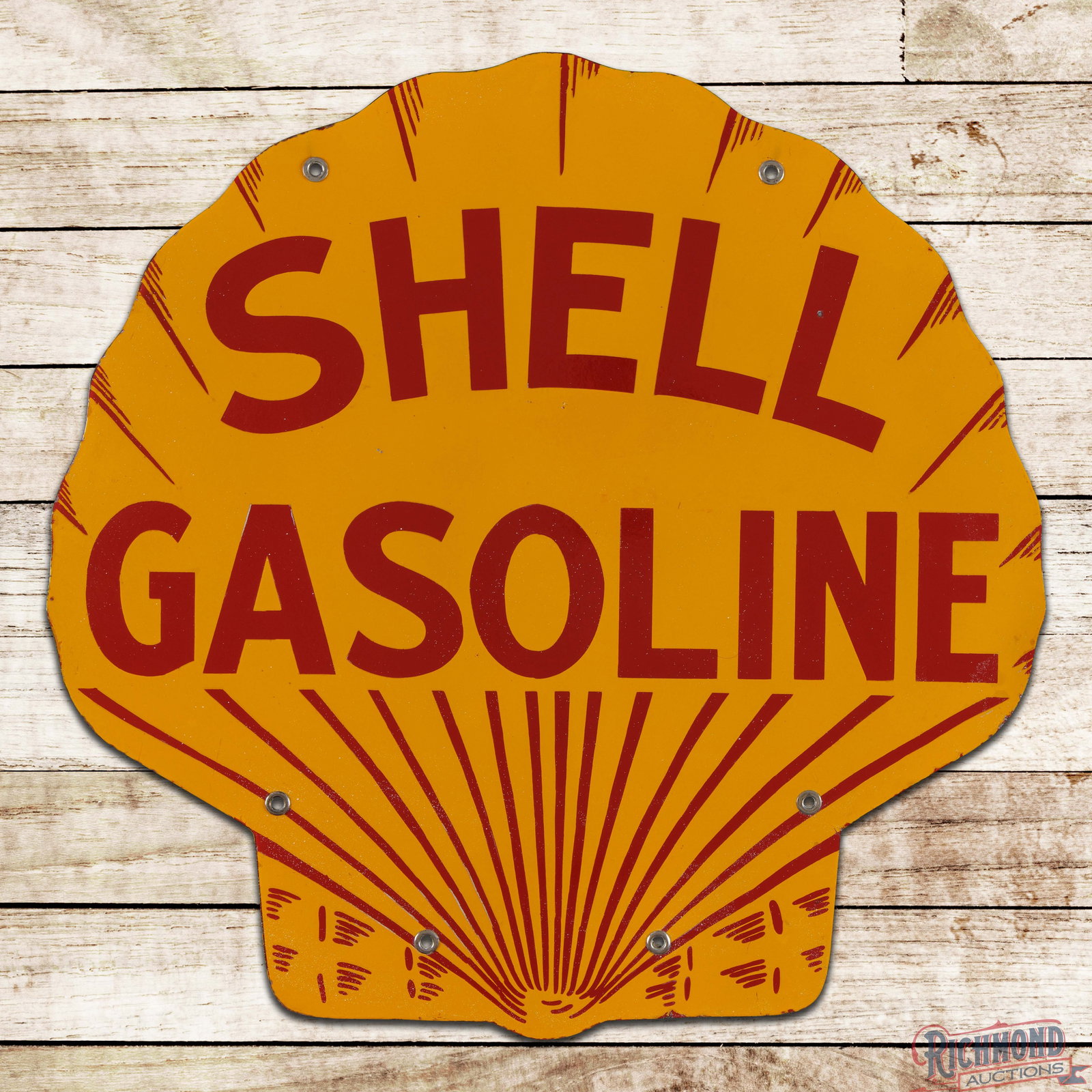 Shell Gasoline 25" Double Sided Porcelain Die Cut Sign: DSP (double sided porcelain) sign has outstanding color and gloss. The display is exceptionally clean with a small chip in the "N" in the right field. The perimeter has light wear with tiny chips alon