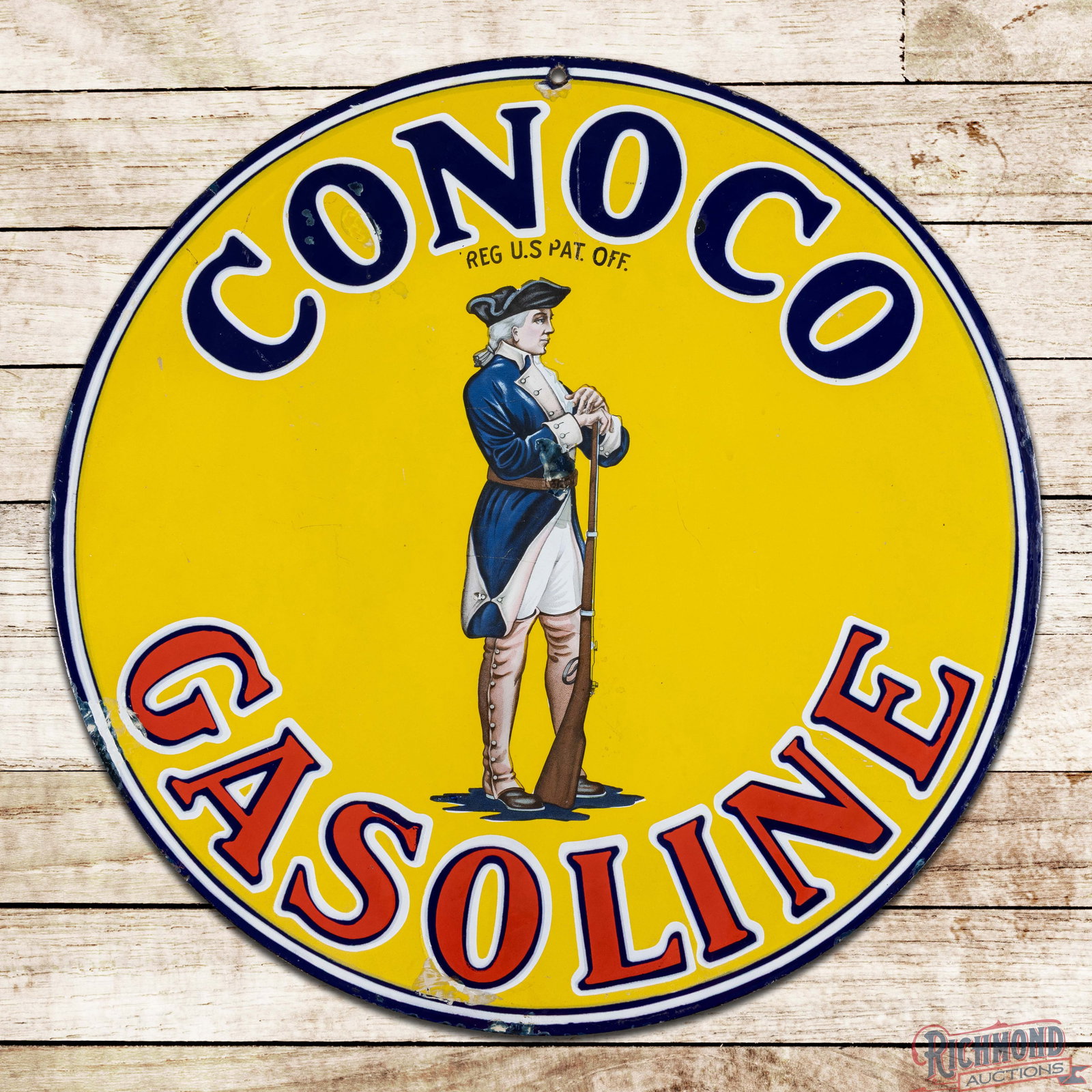 Conoco Gasoline 25" Double Sided Porcelain Sign w/ Minuteman: DSP (double sided porcelain) sign has excellent color and gloss. The display has light wear with a color-matched chip in the soldier graphic. The outer fields have additional color match in the "Conoc