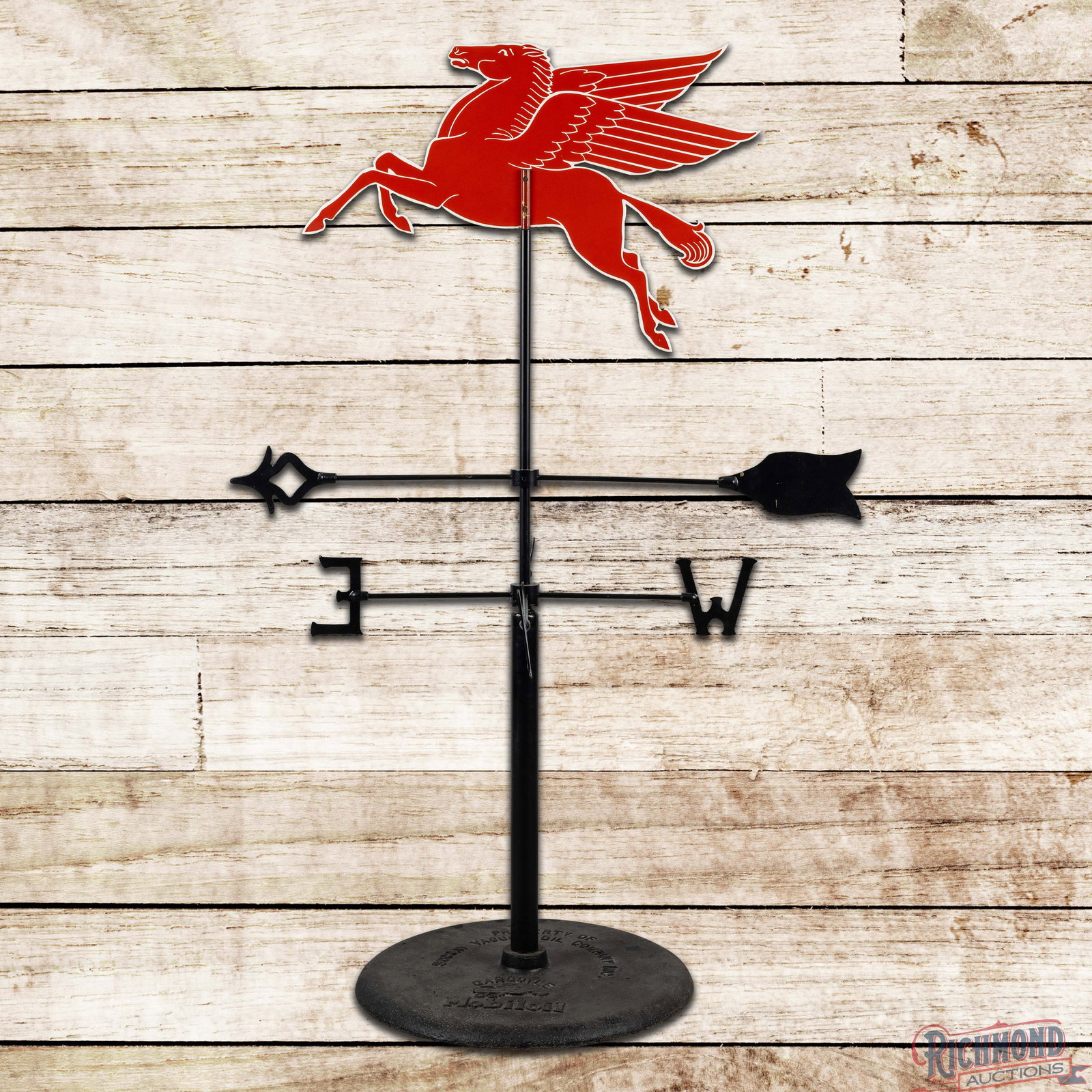 Mobil Pegasus Die Cut Double Sided Porcelain Weathervane Sign w/ Base: Original DSP (double sided porcelain) Pegasus mounted on a pole with a reproduction weathervane. The Pegasus only shows the slightest of wear along the edges. A piece that will be difficult to improve
