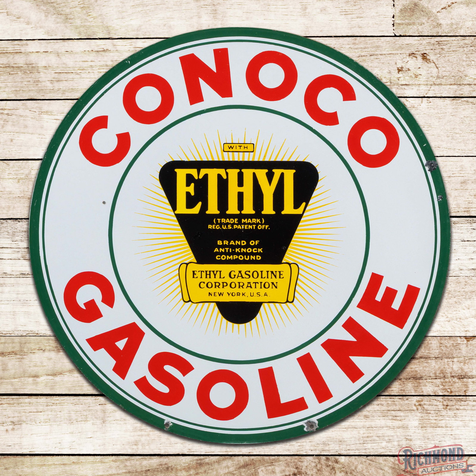 Conoco Ethyl Gasoline 30" Double Sided Porcelain Sign w/ Burst Logo (1 of 3)