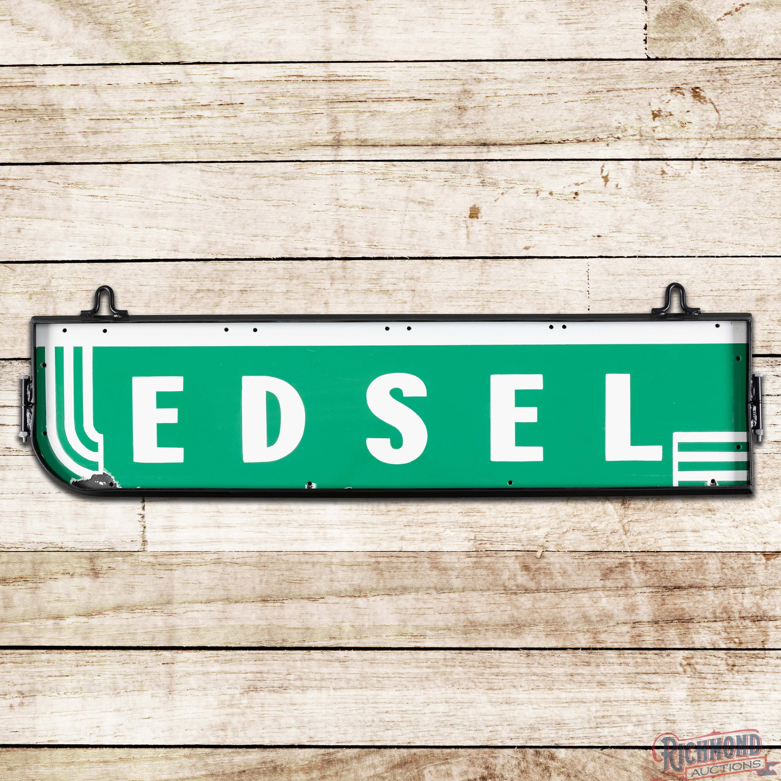 Amazing Edsel Automobiles 42" Single Sided Porcelain Sign w/ Frame: SSP (single sided porcelain) die cut sign with metal hanging ring has excellent color and gloss. The field is clean. The perimeter has chips at the lower mounting holes. The metal ring is in excellent