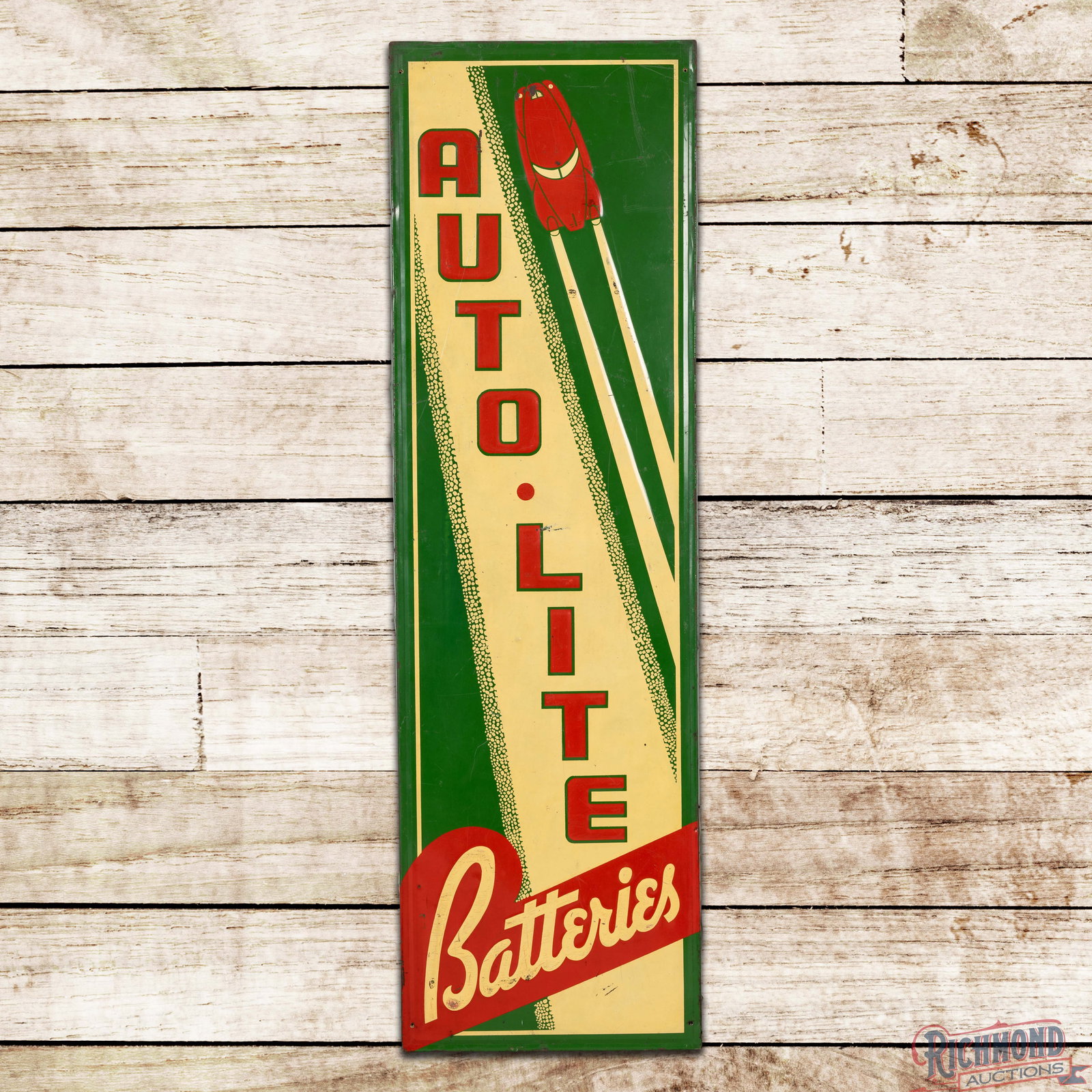 Autolite Batteries 5' Emb. Single Sided Tin Sign w/ Automobile (1 of 3)