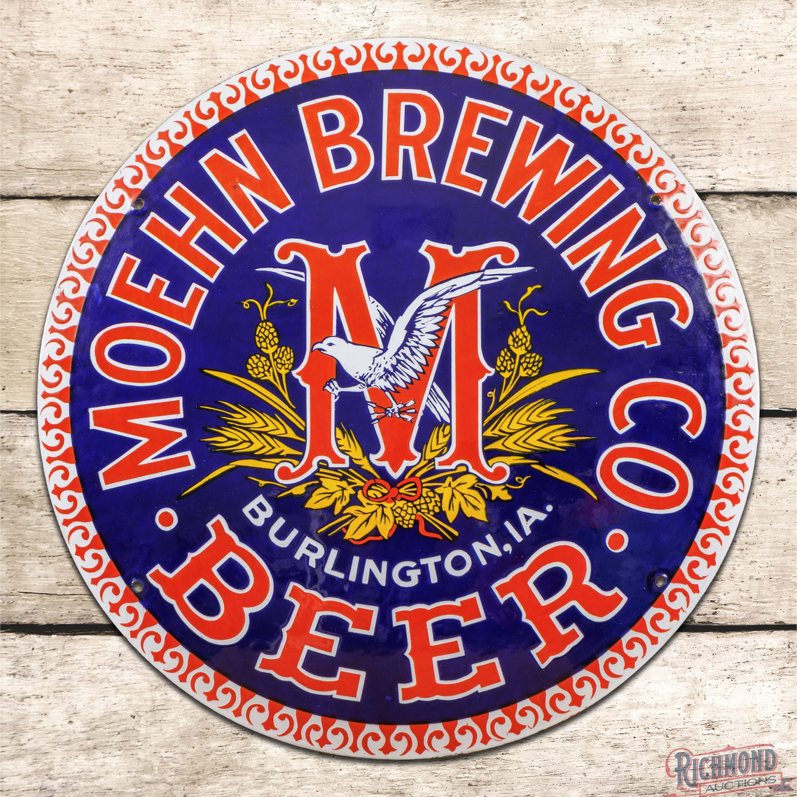 Moehn Brewing Co. Beer Burlington Iowa 18" Convex Single Sided Porcelain Sign: SSP (single sided porcelain) convex sign has outstanding color and gloss. The field is clean with a tiny factory flea bite in the "N" of Moehn and minor surface imperfections. The perimeter is clean. 