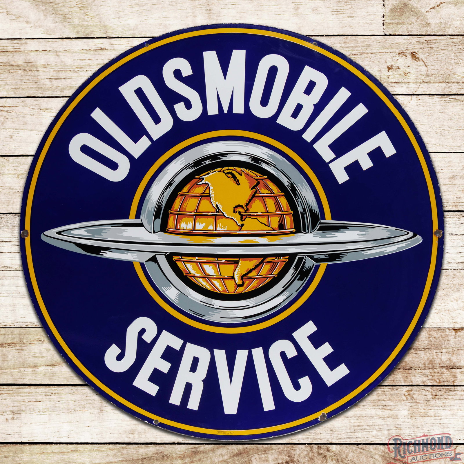 Oldsmobile Service 60" Double Sided Porcelain Sign w/ World Logo: DSP (double sided porcelain) sign has excellent color and gloss. Side #1 has a clean field with small chips at the mounting holes and edges. The reverse is in a similar condition to the display with t
