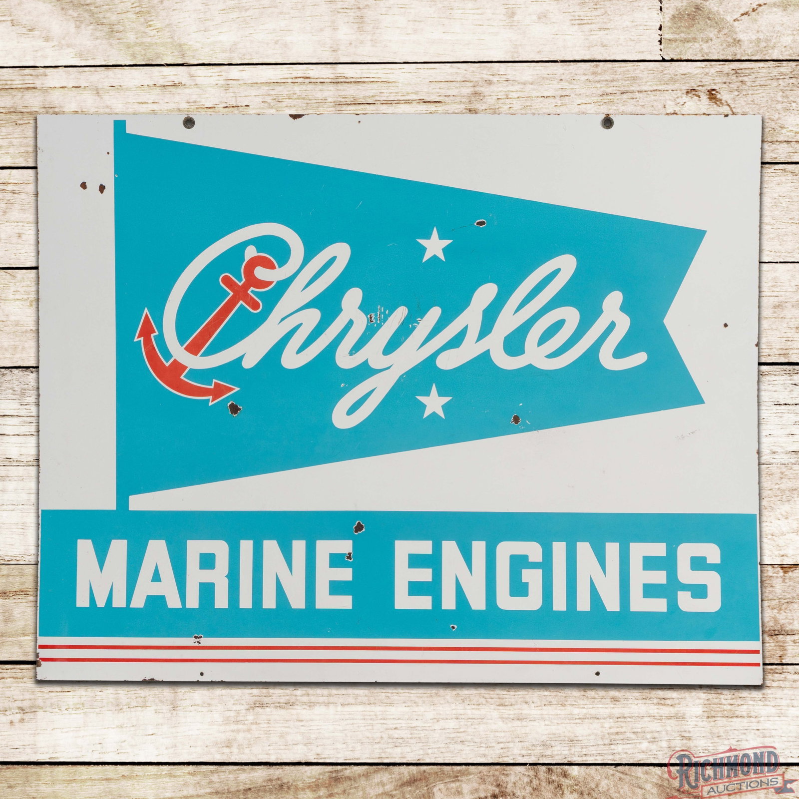 Rare Chrysler Marine Engins 42" Double Sided Porcelain Sign w/ Anchor Logo: DSP (double sided porcelain) sign has very good color and gloss. The display has chips with marks in the field. The sign has a slight bow with small chips along the perimeter and two tiny added mounti