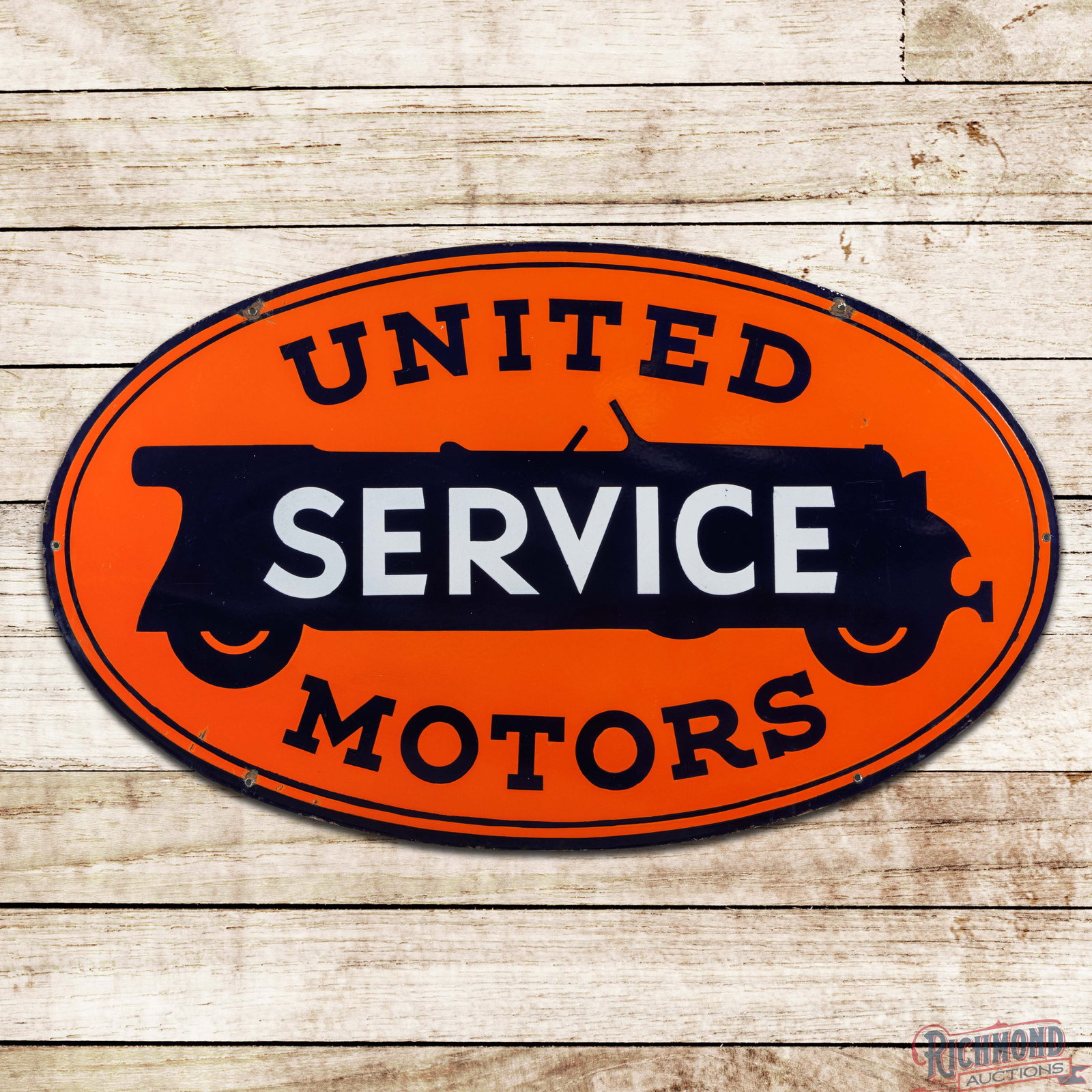 United Motors Service 4' Double Sided Porcelain Sign w/ Automobile: DSP (double sided porcelain) sign has excellent color and gloss. Side #1 has minor surface imperfections with a chip on the right edge of the automobile graphic. The perimeter has additional chips wit