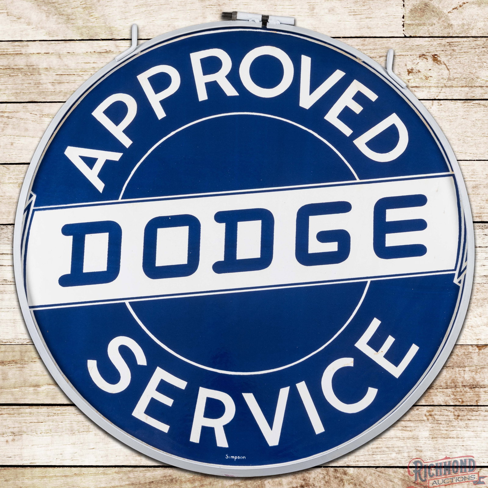 Rare Dodge Approved Service 30" Double Sided Porcelain Sign w/ Ring: DSP (double sided porcelain) sign has excellent color and gloss. Side #1 has a clean field with a few minor surface imperfections and slight discoloration in the right outer field. The perimeter has l