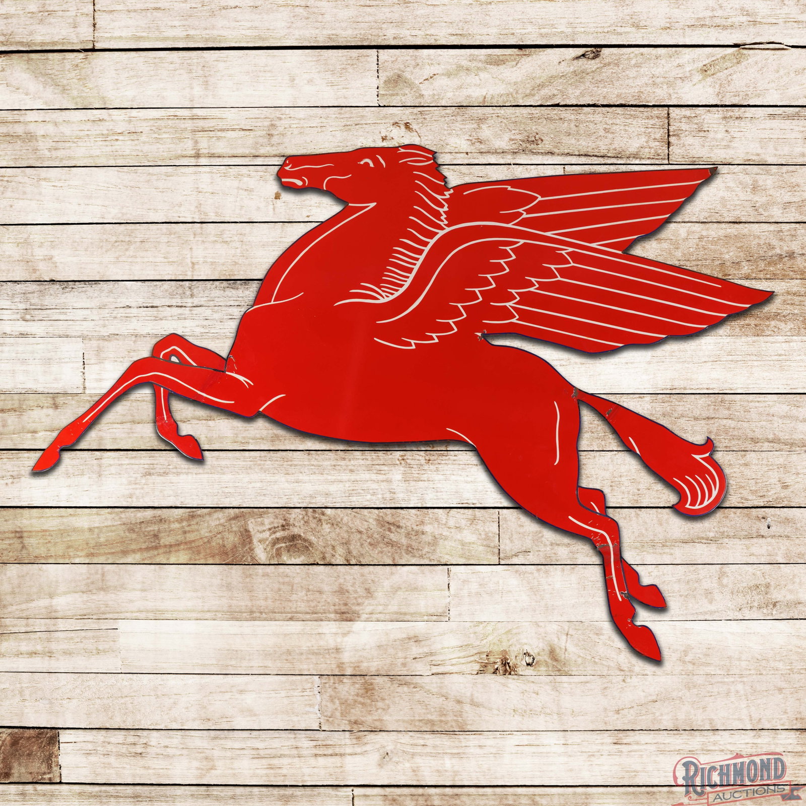 Mobil Pegasus 7.5' Die Cut Single Sided Porcelain Sign "Blue Border": SSP (single sided porcelain) die cut sign has excellent color and gloss. The field is very clean overall, with minor surface imperfections and a small flake with crazing in the upper right field. The 