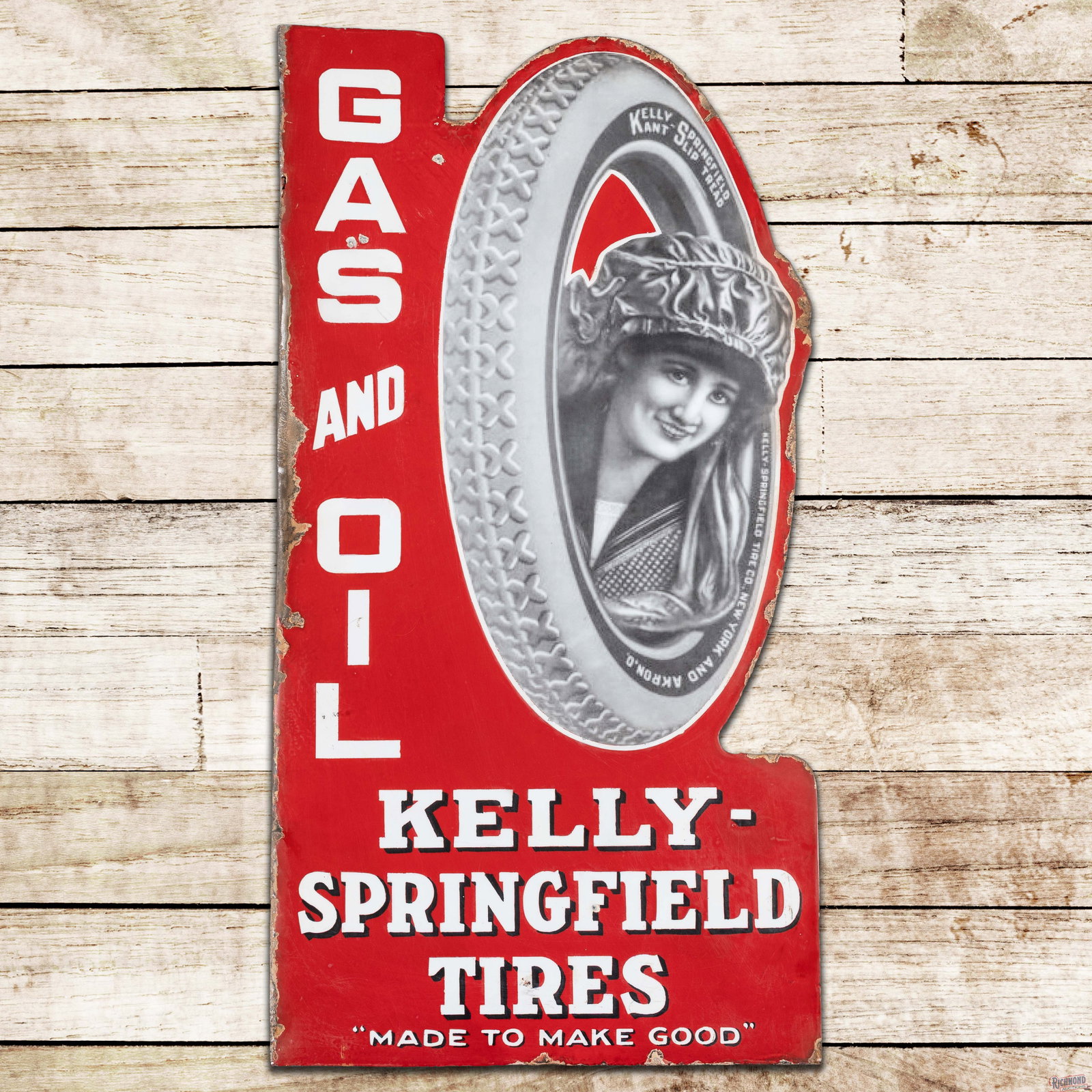 Kelly Springfield Tires Gas and Oil Double Sided Porcelain Flange Sign w/ Lotta Miles & Tire (1 of 4)