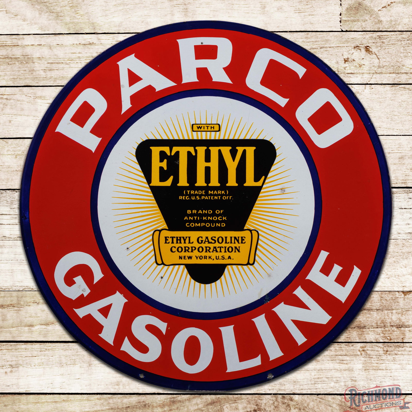 Parco Ethyl Gasoline 30" Double Sided Porcelain Sign w/ Logo: DSP (double sided porcelain) sign has excellent color and gloss. Side #1 has light wear with small chips, crazing and bruises in the fields. The blue porcelain enamel has a handful of color matched ar