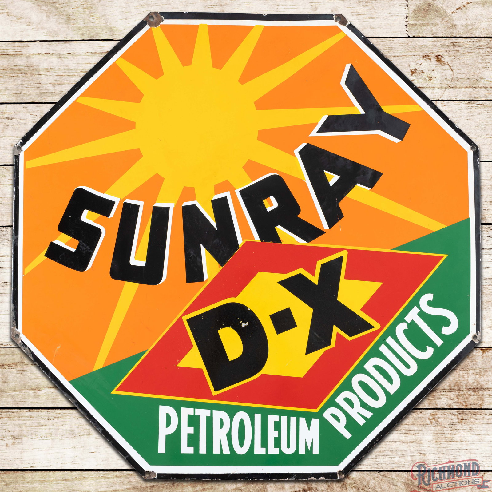 Sunray D-X Petroleum Products 27" Die Cut Single Sided Porcelain Sign: SSP (single sided porcelain) die cut sign has very good color and gloss. The field has light wear, fine scratches, small areas of cloudiness in the black porcelain enamel and tiny chips which are prim