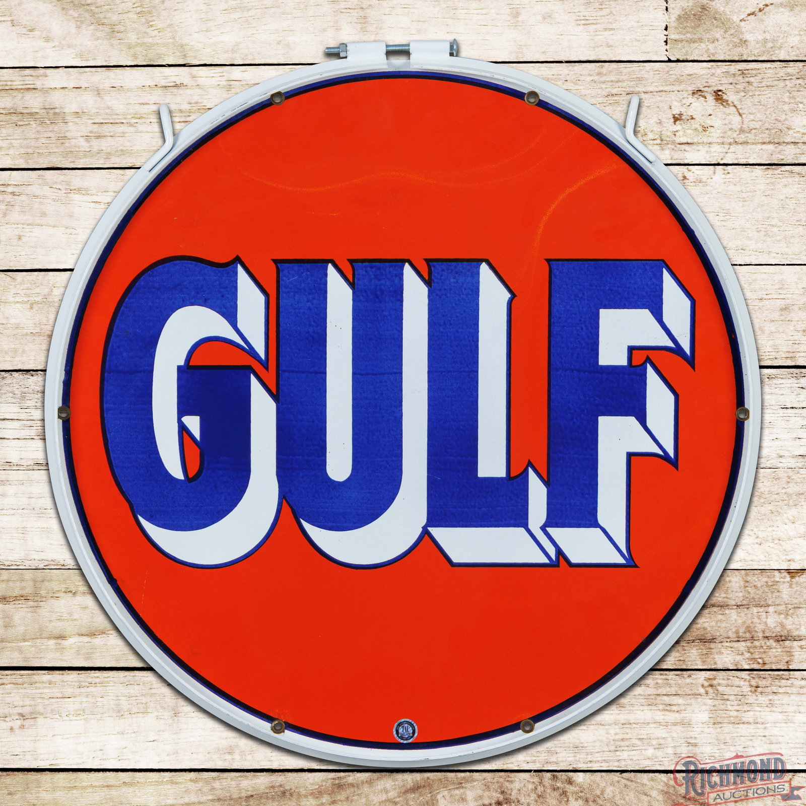 Rare Gulf Gasoline 27.5" Double Sided Porcelain Logo Sign w/ Ring: DSP (double sided porcelain) sign has excellent color and gloss. Side #1 is exceptionally clean with minor surface imperfections and areas of slight discoloration. The reverse is in a similar conditio