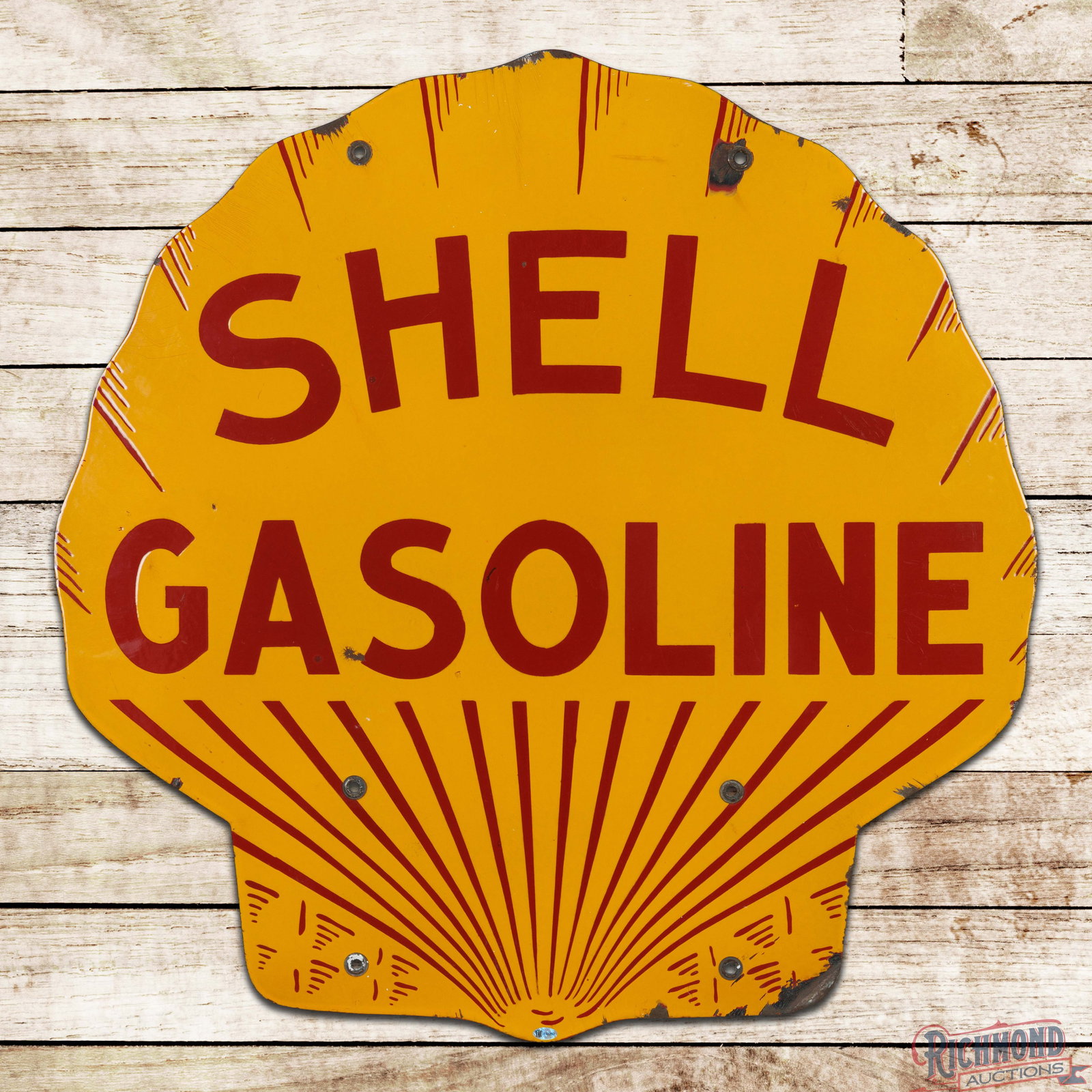 Shell Gasoline 30" Die Cut Double Sided Porcelain Sign: DSP (double sided porcelain) die cut sign has excellent color and gloss. Side #1 has small chips in the left field. The perimeter has a chip at the upper right mounting hole with a minor bend on the l