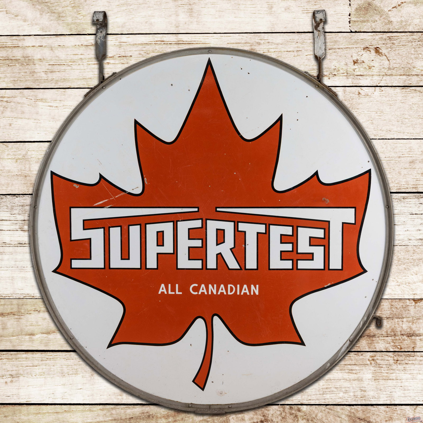 Supertest "All Canadian" Gasoline 6' Double Sided Porcelain ID Sign w/ Ring Maple Leaf Logo: DSP (double sided porcelain) sign with the factory ring has excellent color and gloss. Side #1 is very clean overall with small chips in the field and perimeter. The reverse has surface wear with scra