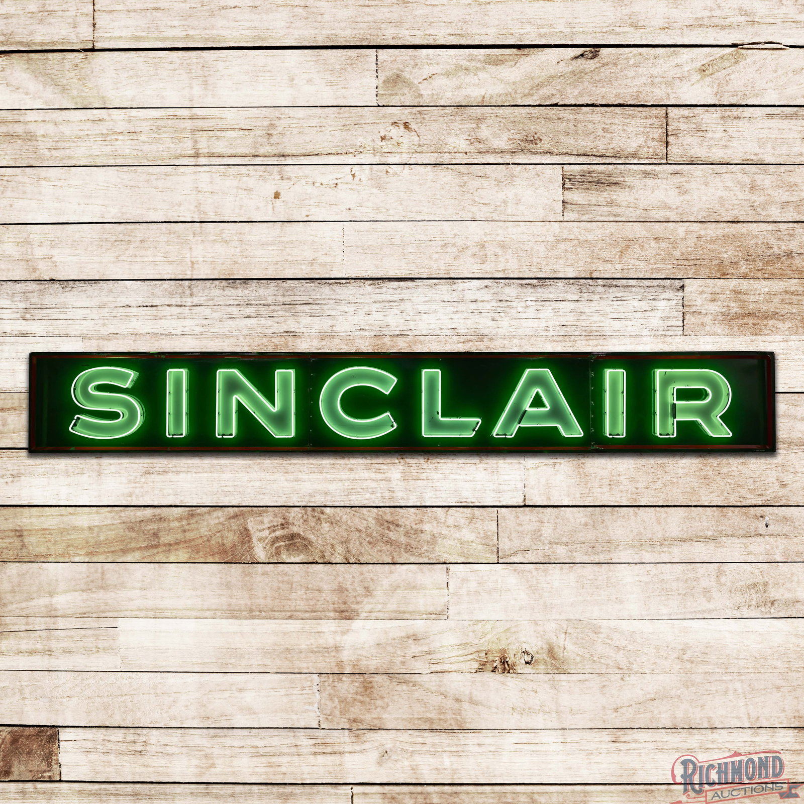 Sinclair Gasoline 24' Single Sided Porcelain Neon Service Station Truck Stop Sign "Large": SSP (single sided porcelain) self-framed sign with added neon and a new metal can has excellent color and gloss. The display has light wear with small chips which are primarily along the sign seams. T