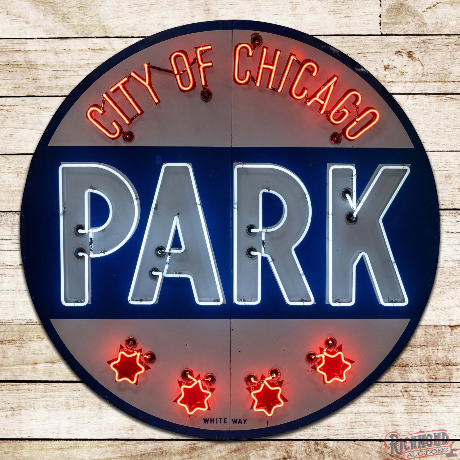 City of Chicago PARK 6' Single Sided Porcelain Factory Neon Sign w/ Stars: SSP (single sided porcelain) factory neon sign with a metal can has excellent color and gloss. The sign features double stroked neon "PARK" lettering with neon outlined stars in the lower field and "C