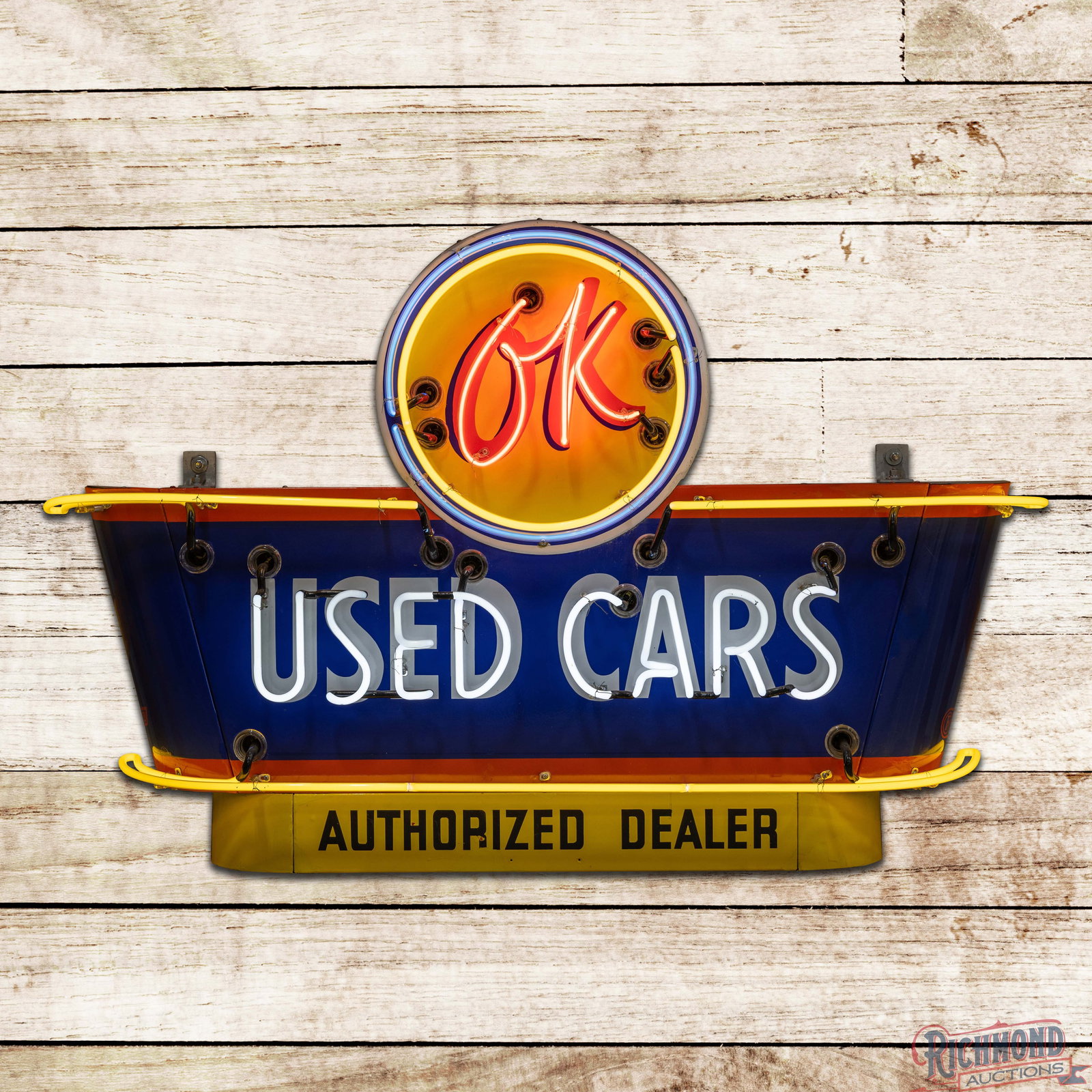 OK Used Cars Authorized Dealer Single Sided Porcelain Factory Neon Sign w/ Logo: SSP (single sided porcelain) multi-piece factory neon sign with a new metal can has excellent color and gloss. The sign features vibrant four-color neon. The field has minor surface imperfections with