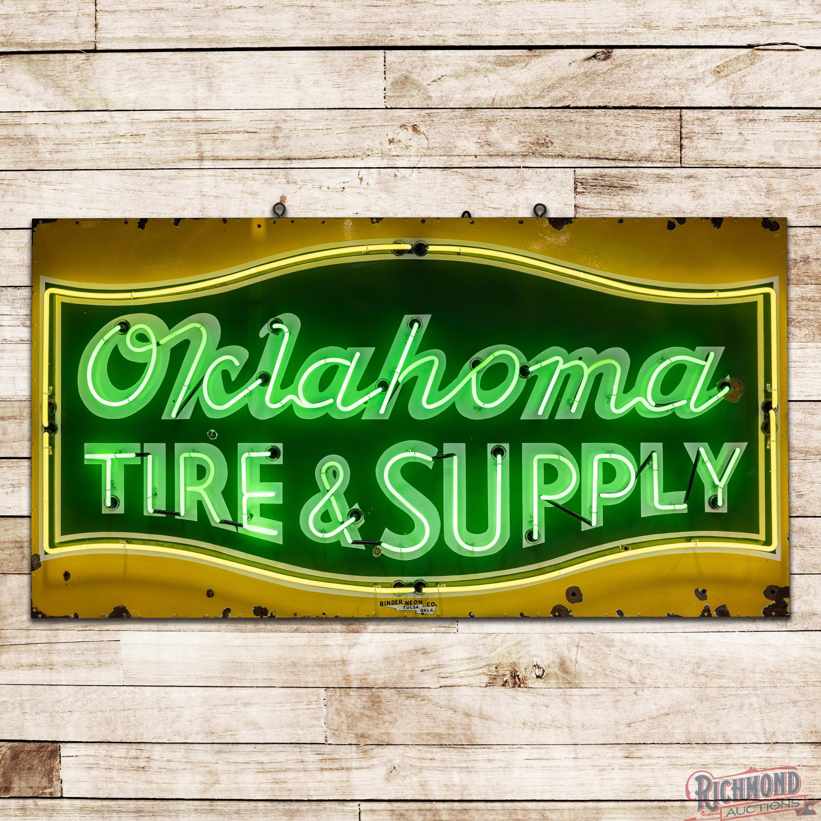 Oklahoma Tire & Supply 7.5' Single Sided Porcelain Factory Neon Sign: SSP (single sided porcelain) factory neon sign with a new metal can has excellent color and gloss. The sign features two-color neon, which perfectly accents the porcelain enamel colors. The field has 