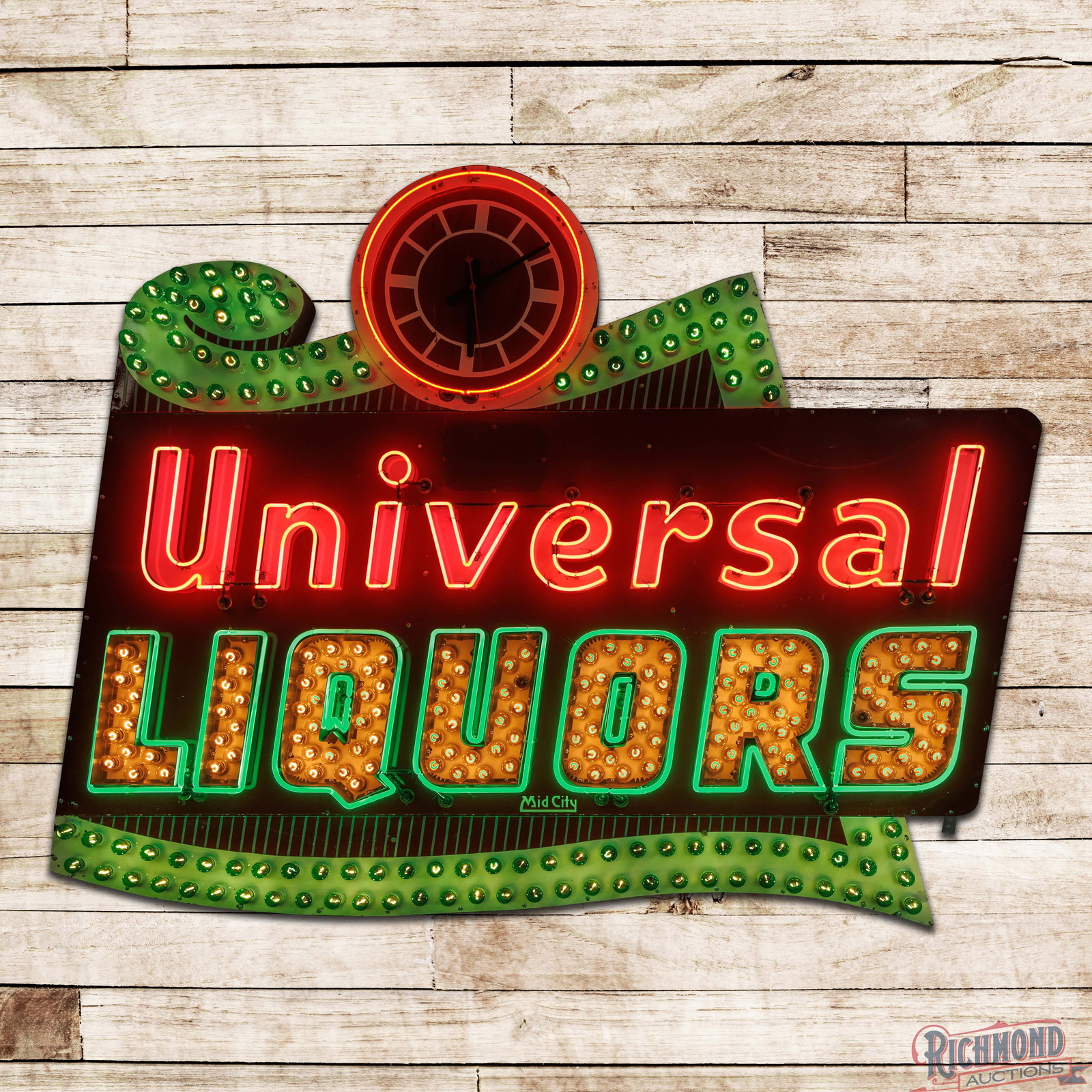 Universal Liquors 8' Single Sided Porcelain Factory Neon Sign w/ Chaser Bulbs & Clock: Amazing SSP (single sided porcelain) factory neon sign with chaser bulbs and clock has excellent color and gloss. The sign features brilliant three-color neon. The "Liquors" lettering has stainless st